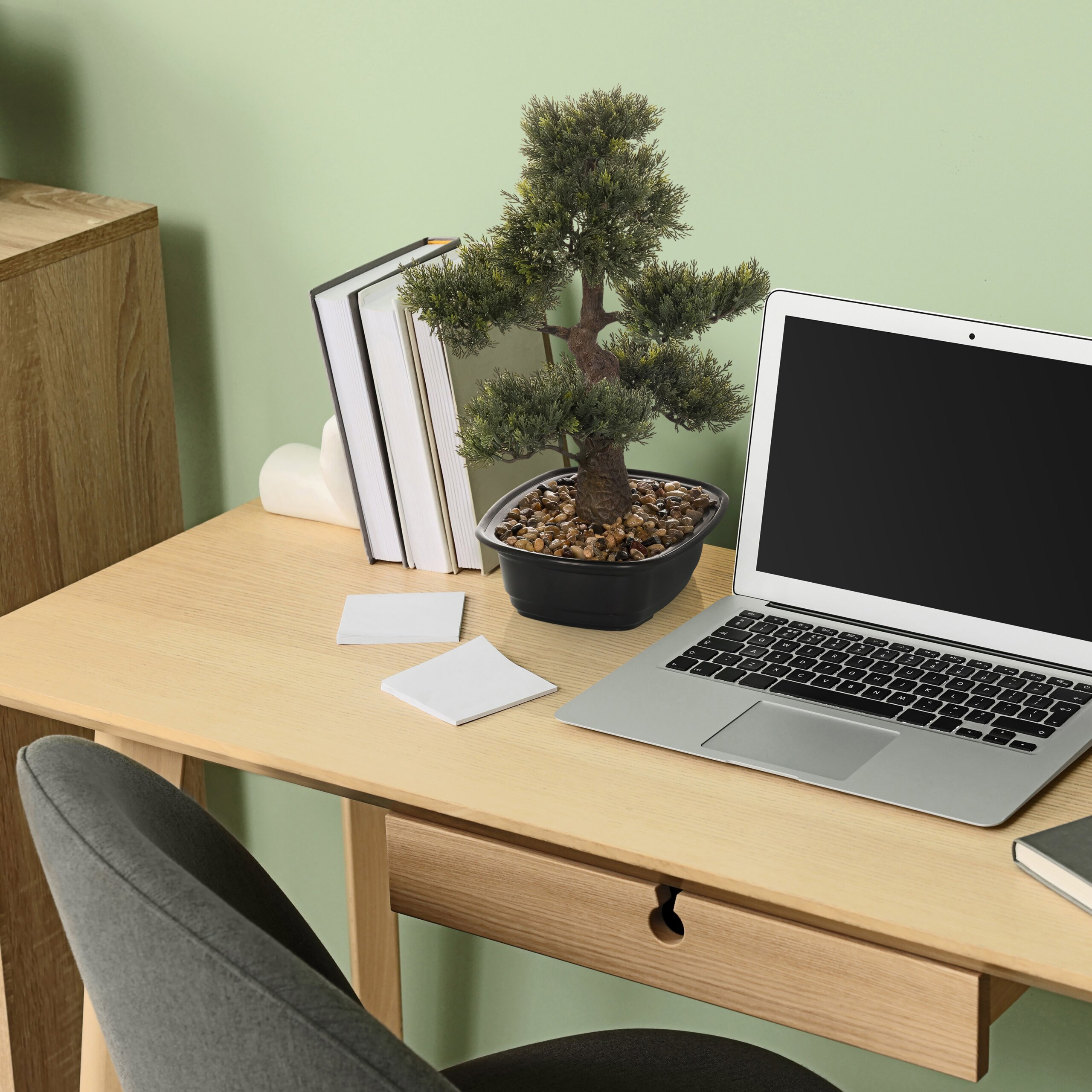 Ein Holztisch mit einem Laptop, einem Bonsai, Notizen und Büchern vor einer grünen Wand.