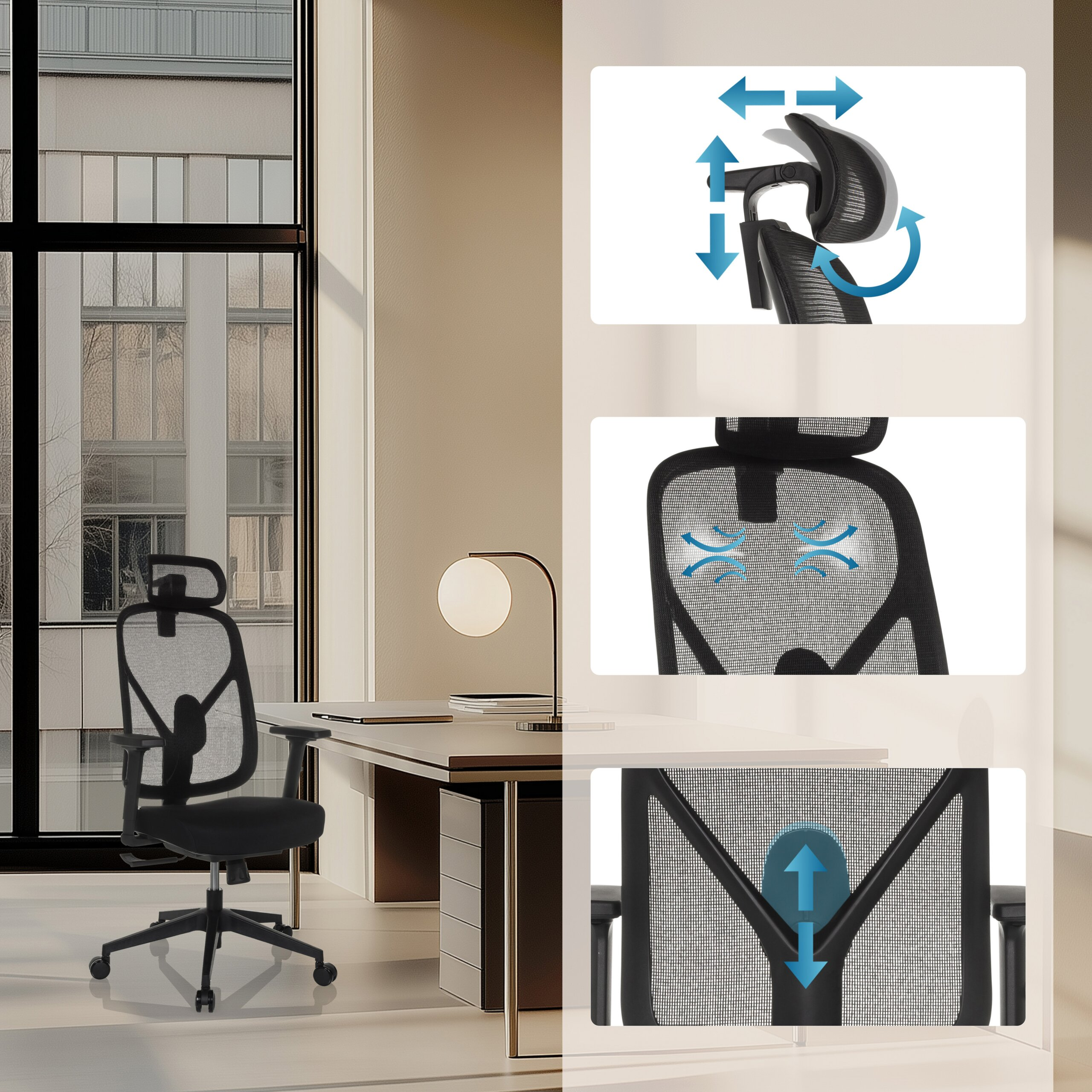 Bürostuhl mit verstellbarer Kopfstütze und Lendenwirbelstütze in einem modernen Zimmer mit Schreibtisch.