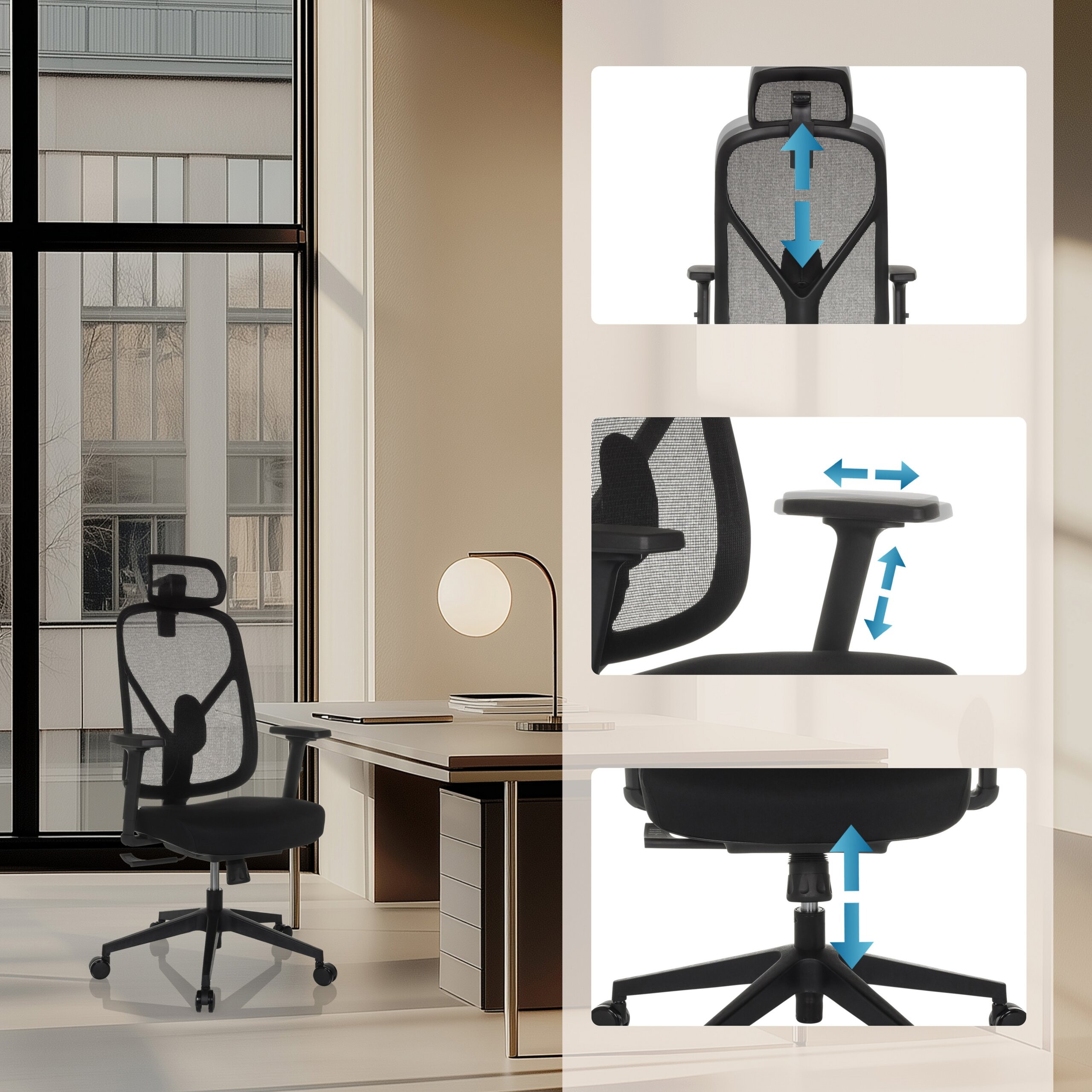Bürostuhl in modernem Arbeitszimmer mit verstellbaren Funktionen.