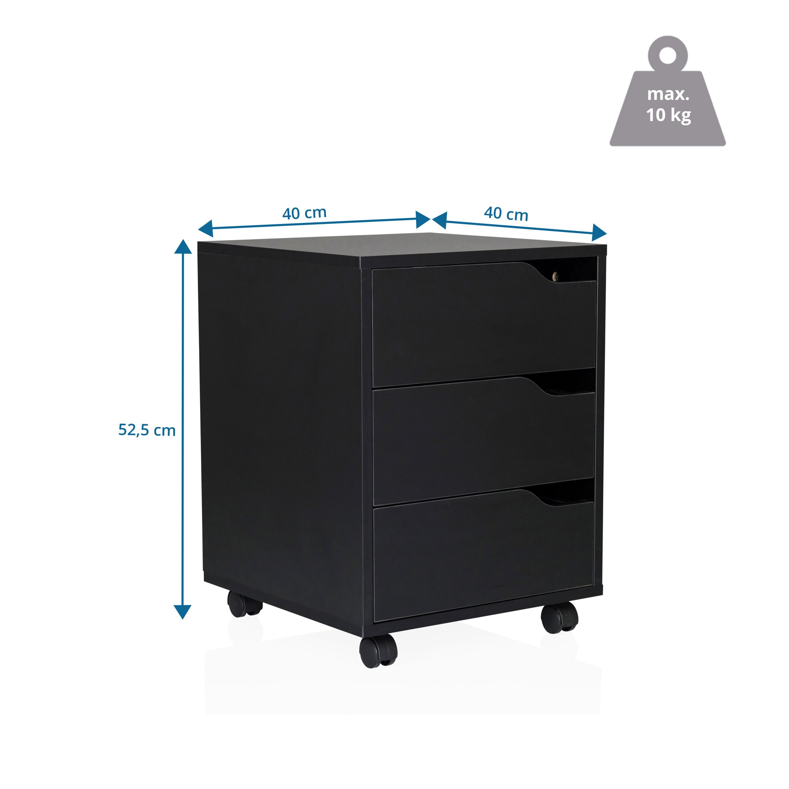 Ein schwarzer Rollcontainer mit drei Schubladen, Maßen (40x40x52,5 cm) und 10 kg max. Tragkraft.