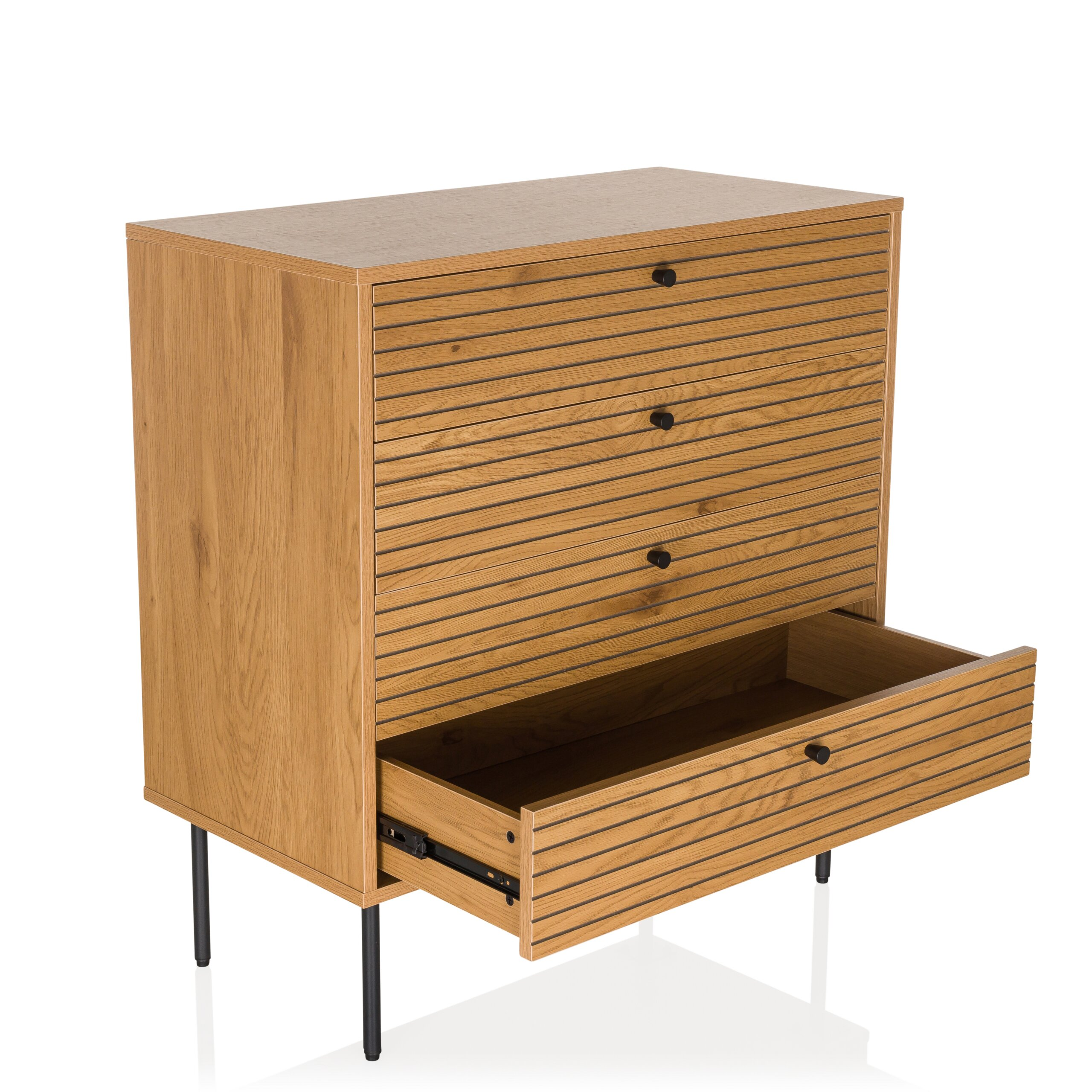 Holzkommode mit Lamellenfront, vier Schubladen und schwarzen Metallbeinen, untere Schublade offen.