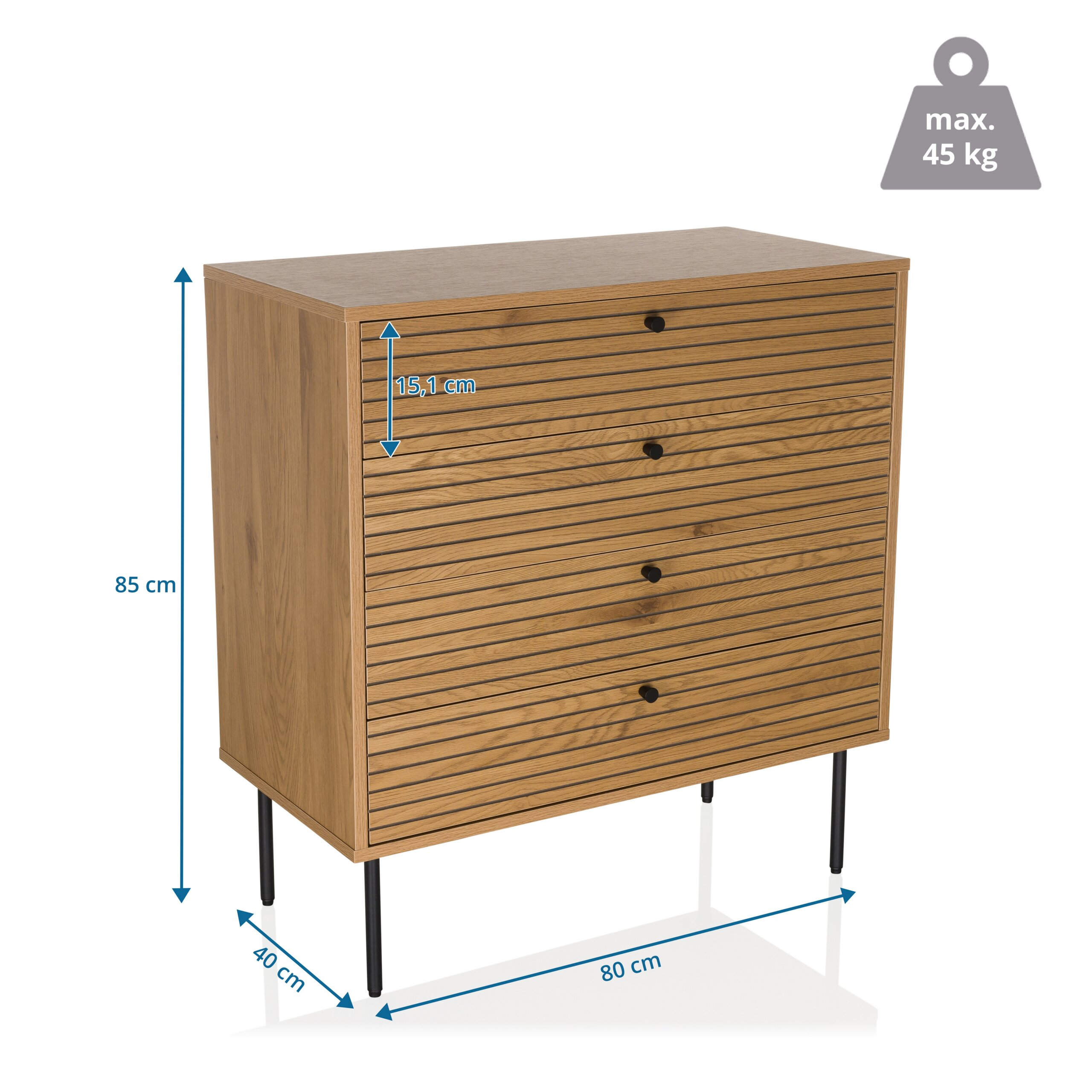 Holzfarbene Kommode mit vier gerillten Schubladen, schwarzen Metallbeinen und Maßangaben in cm.