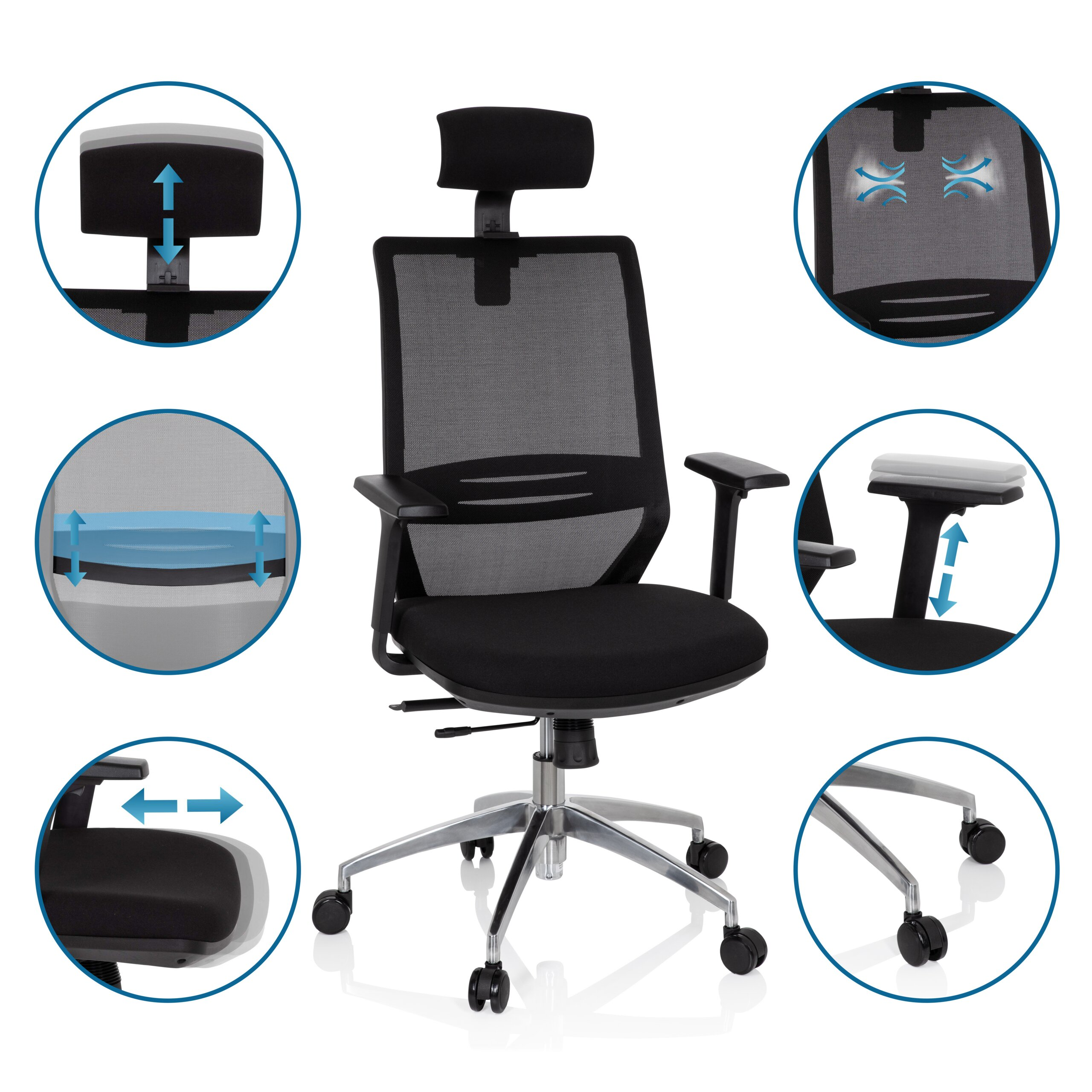 Schwarzer ergonomischer Buerostuhl mit Netzruecken und Detailaufnahmen von Funktionen.