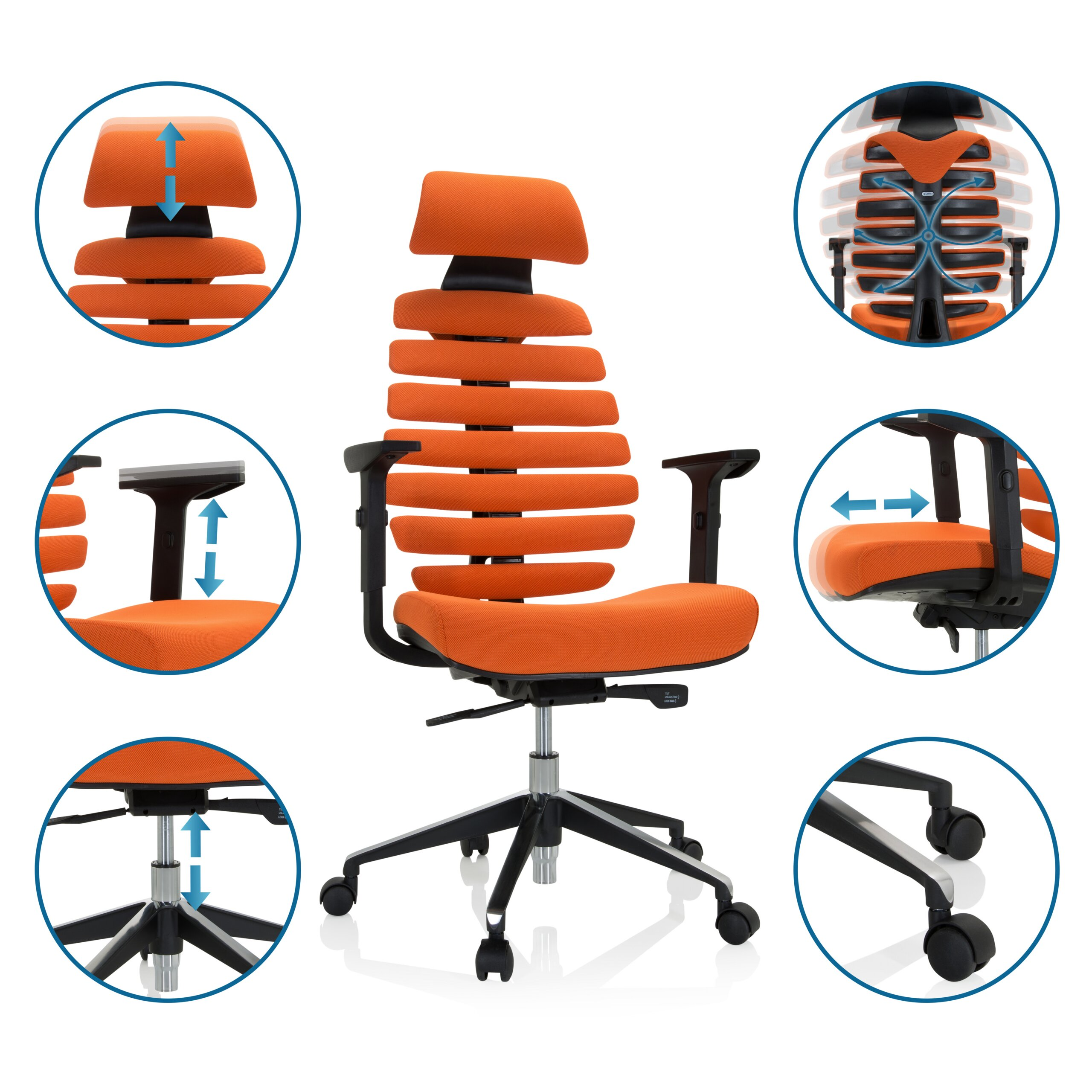 Oranger ergonomischer Buerostuhl mit verstellbarer Kopfstuetze, Armlehnen, Sitzhoehe und Rollen in kreisrunden Insets.