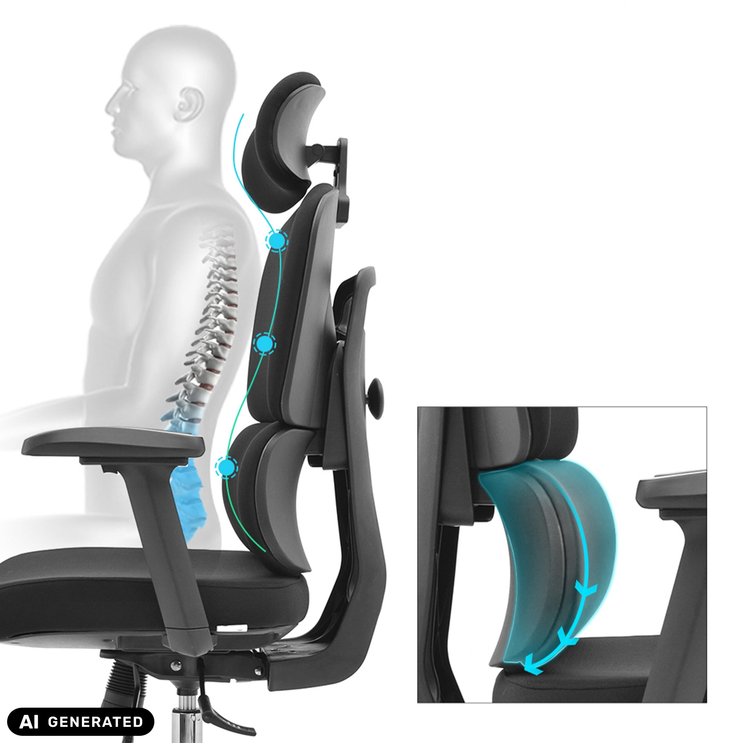 Ein ergonomischer Bürostuhl mit Wirbelsäulenausrichtung und einem Detailbild zur Lordosenstütze.