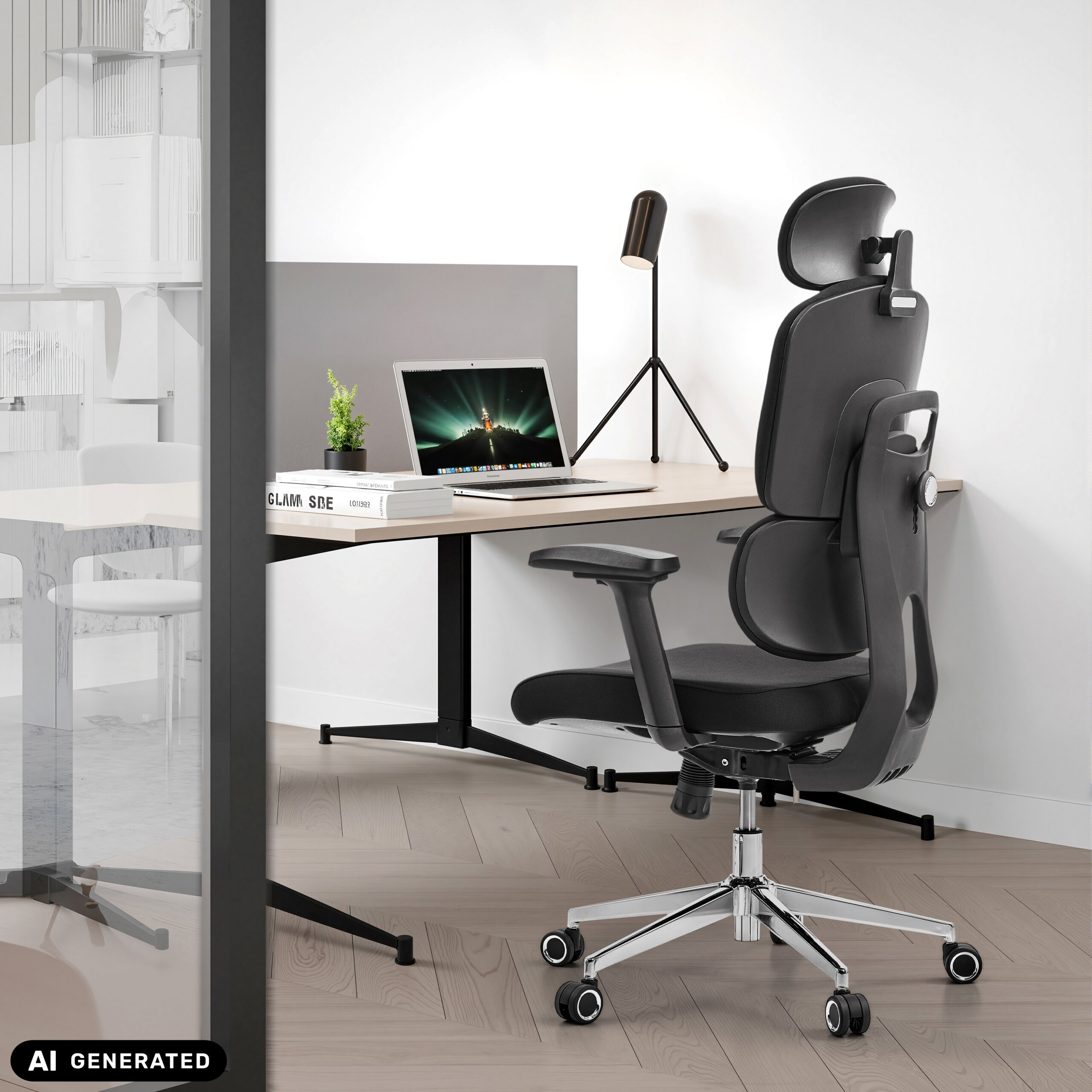 Moderne Büroeinrichtung mit ergonomischem schwarzen Stuhl, Schreibtisch, Laptop, Lampe und Büchern.