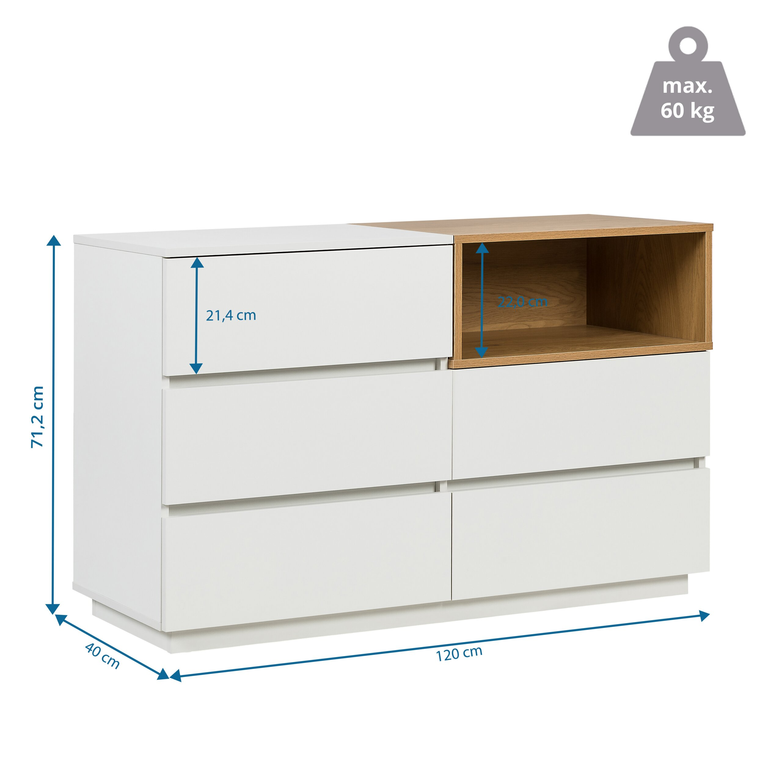 Weisse Kommode mit Holzregal und Abmessungen von 120x71,2x40 cm, max. 60 kg.