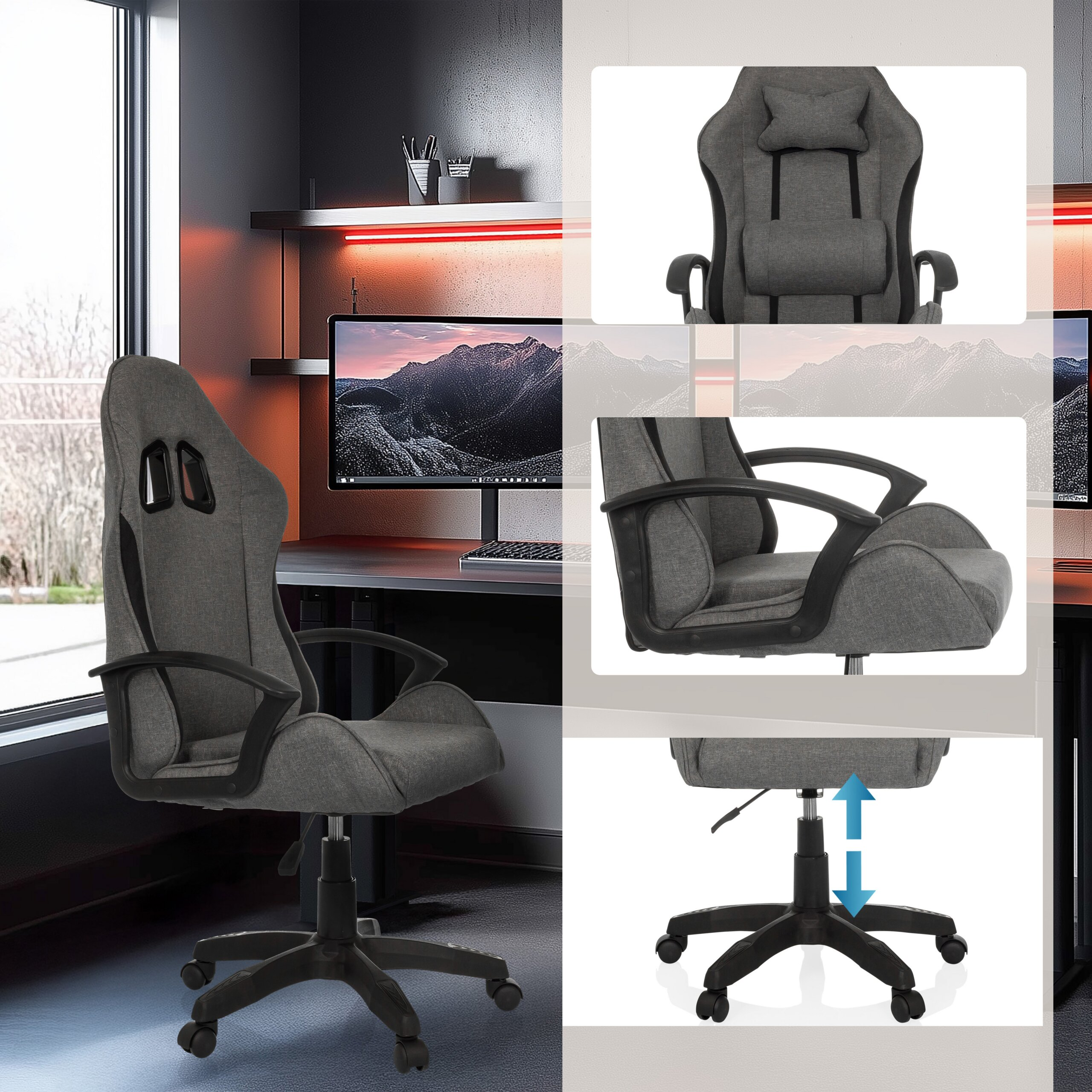 Grauer Gaming-Stuhl aus mehreren Blickwinkeln mit verstellbarer Höhe, Armlehnen und Kissen.