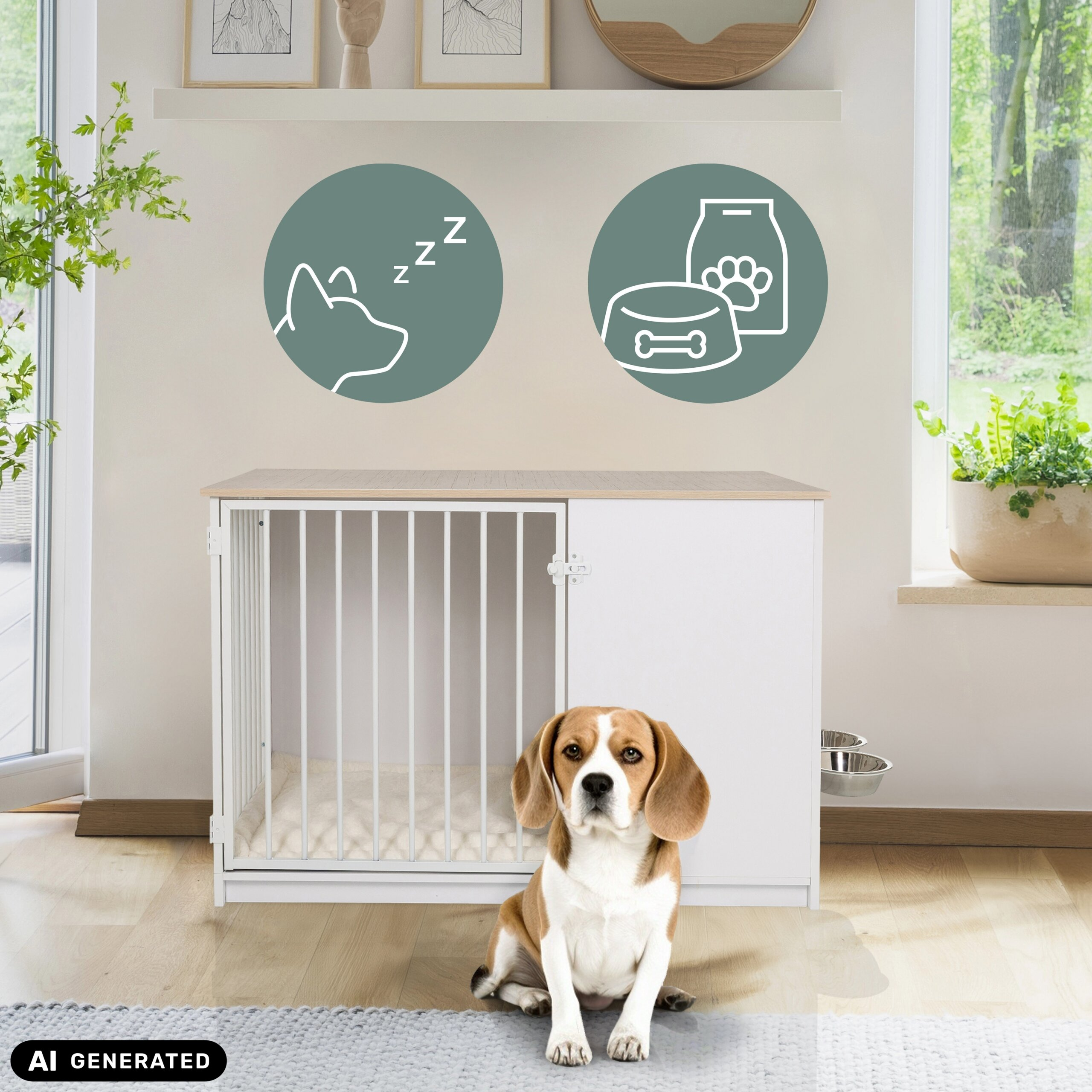 Ein Beagle sitzt vor einer weißen Holzhunde-Kiste mit Wandaufklebern darüber in einem hellen Raum.