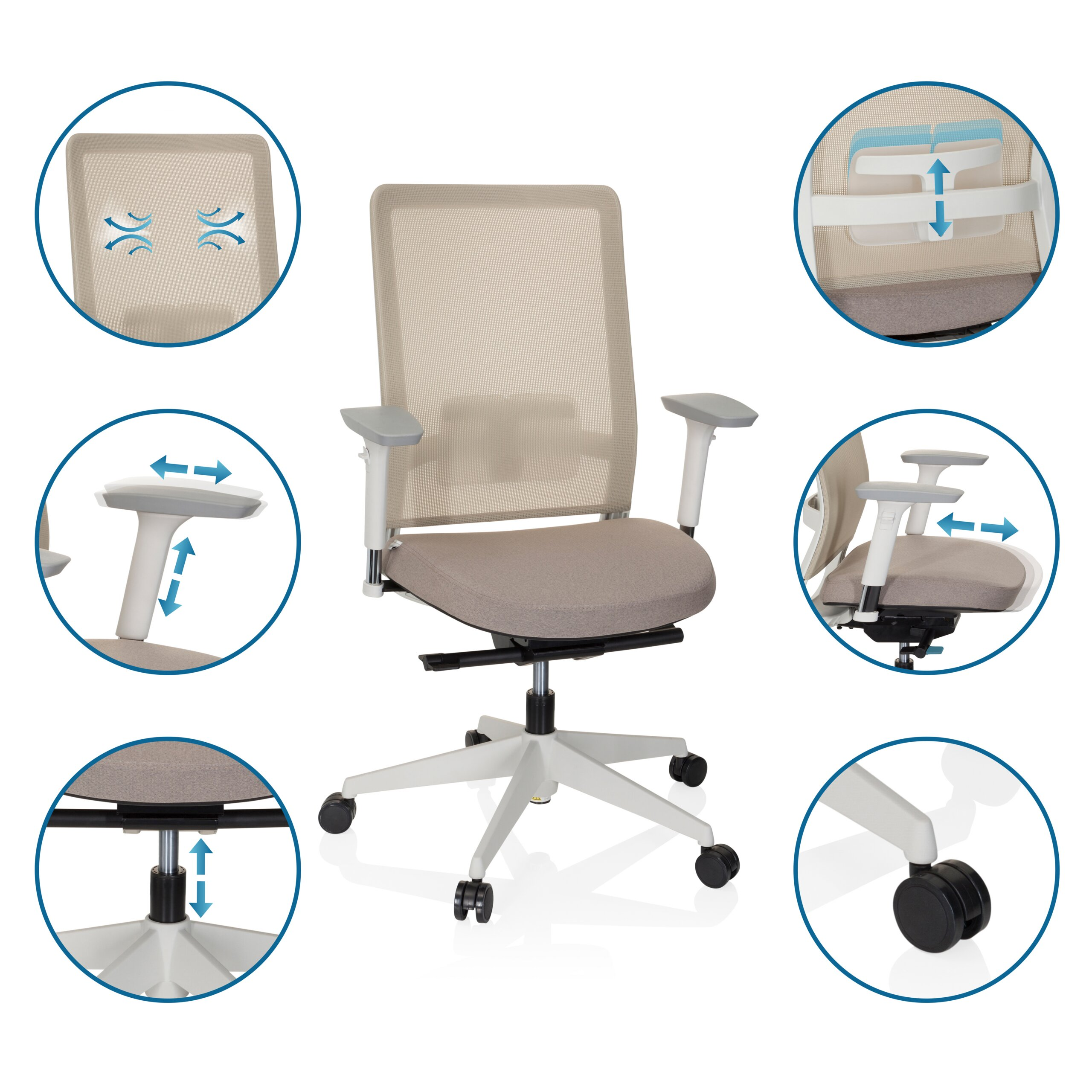 Ein ergonomischer Bürostuhl mit grauen Elementen und sechs eingekreisten Detailbildern, die Funktionen zeigen.