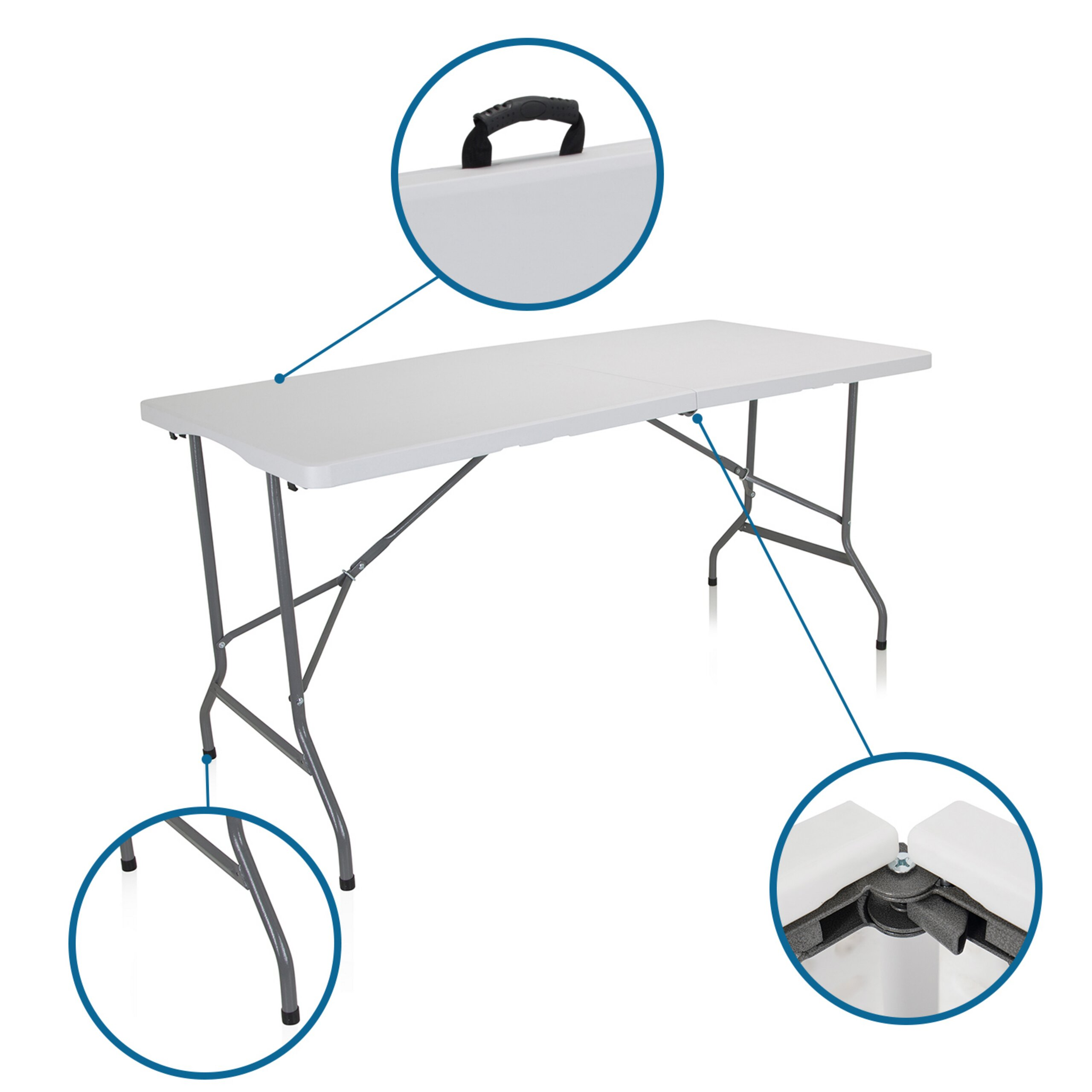 Ein weißer, klappbarer Tisch mit grauen Metallbeinen, einem Griff und Detailansichten der Gelenke.