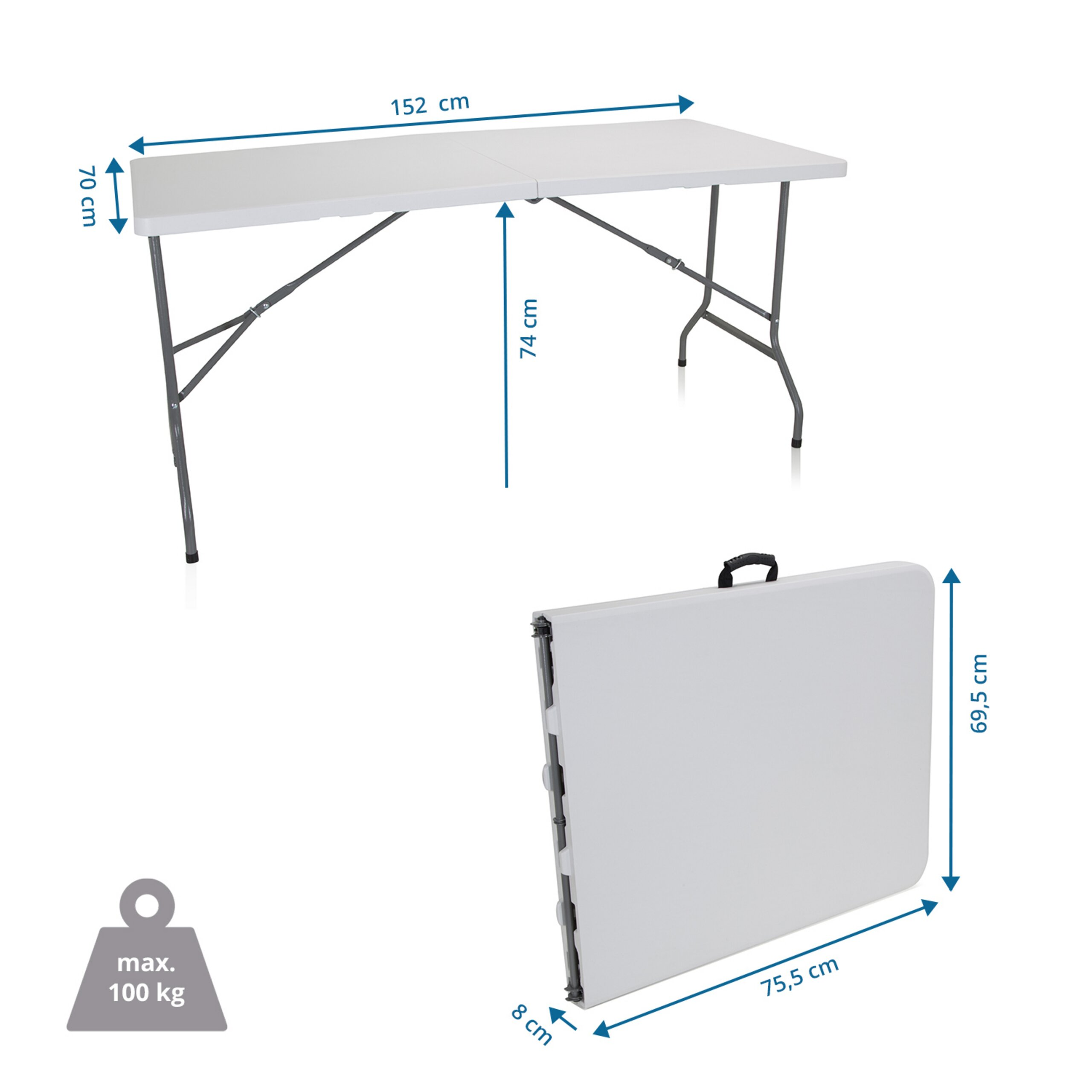 Weißer Klapptisch mit grauen Metallbeinen und Maßangaben, gefaltet als Koffer mit Tragegriff, max. 100 kg Belastung.