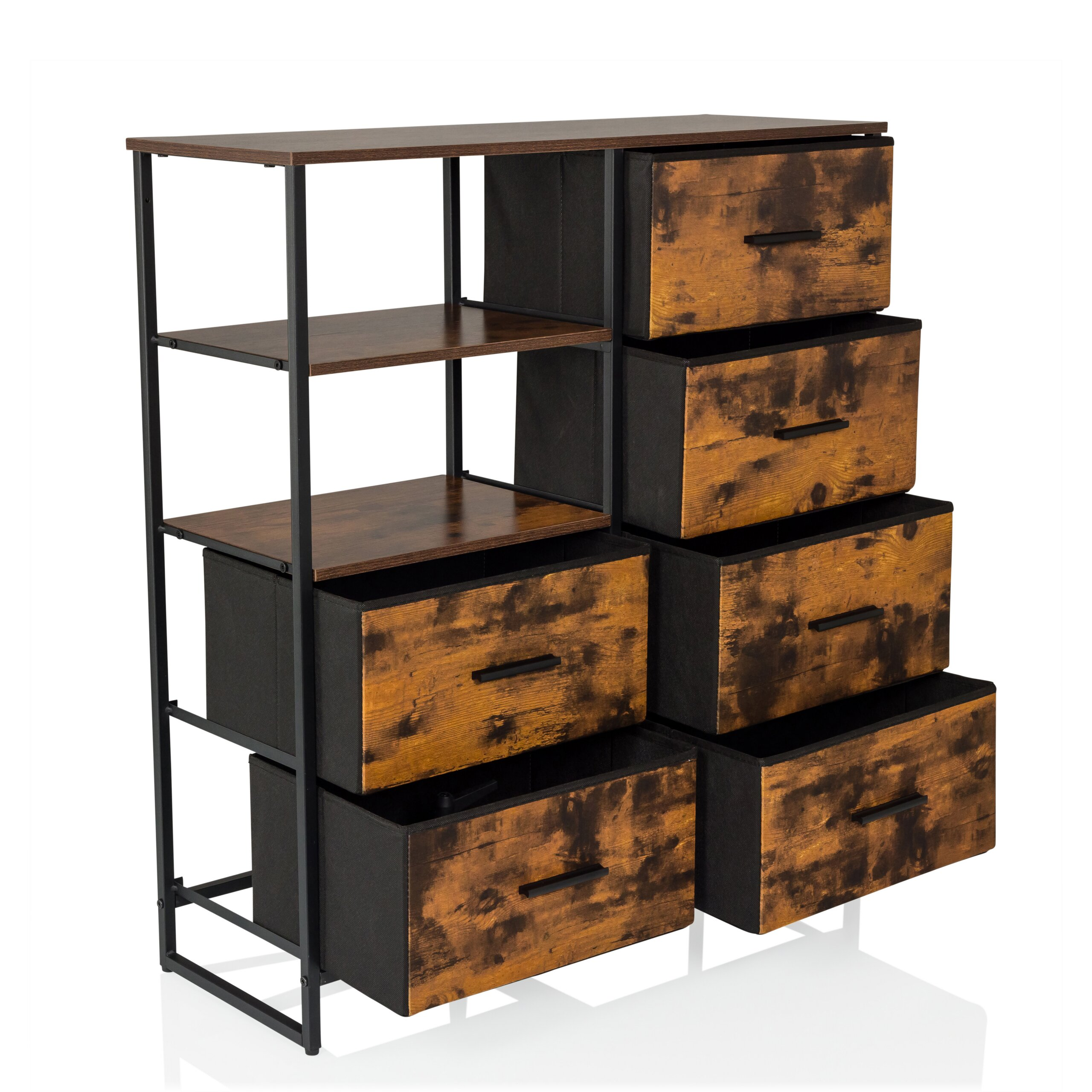 Ein rustikales Regal mit schwarzem Metallgestell, drei Holzböden und sechs Stoffschubladen mit Holzmaserung.