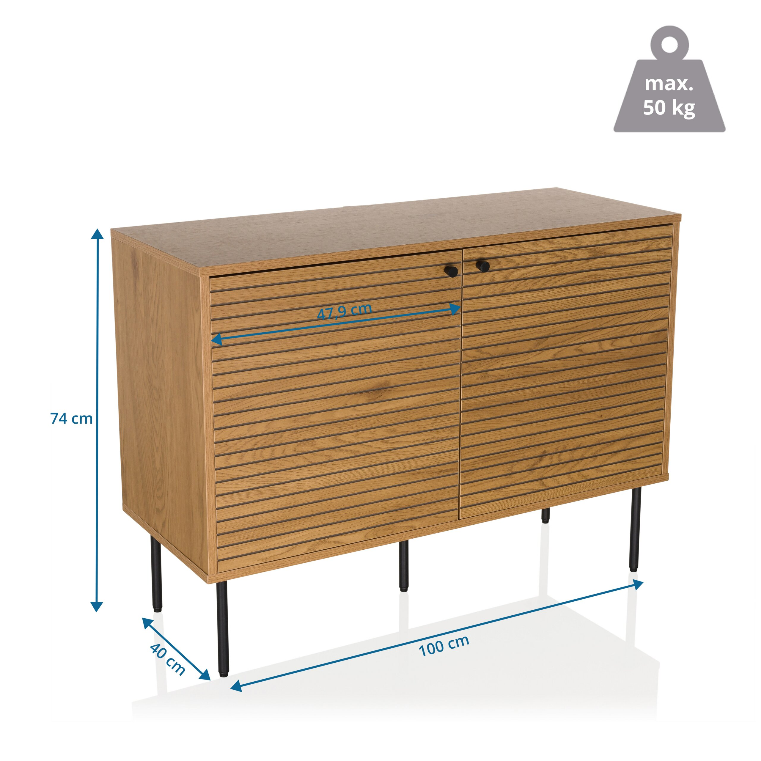 Holzfarbener Schrank mit schwarzen Metallbeinen und Maßen: 100 cm breit, 74 cm hoch, 40 cm tief.