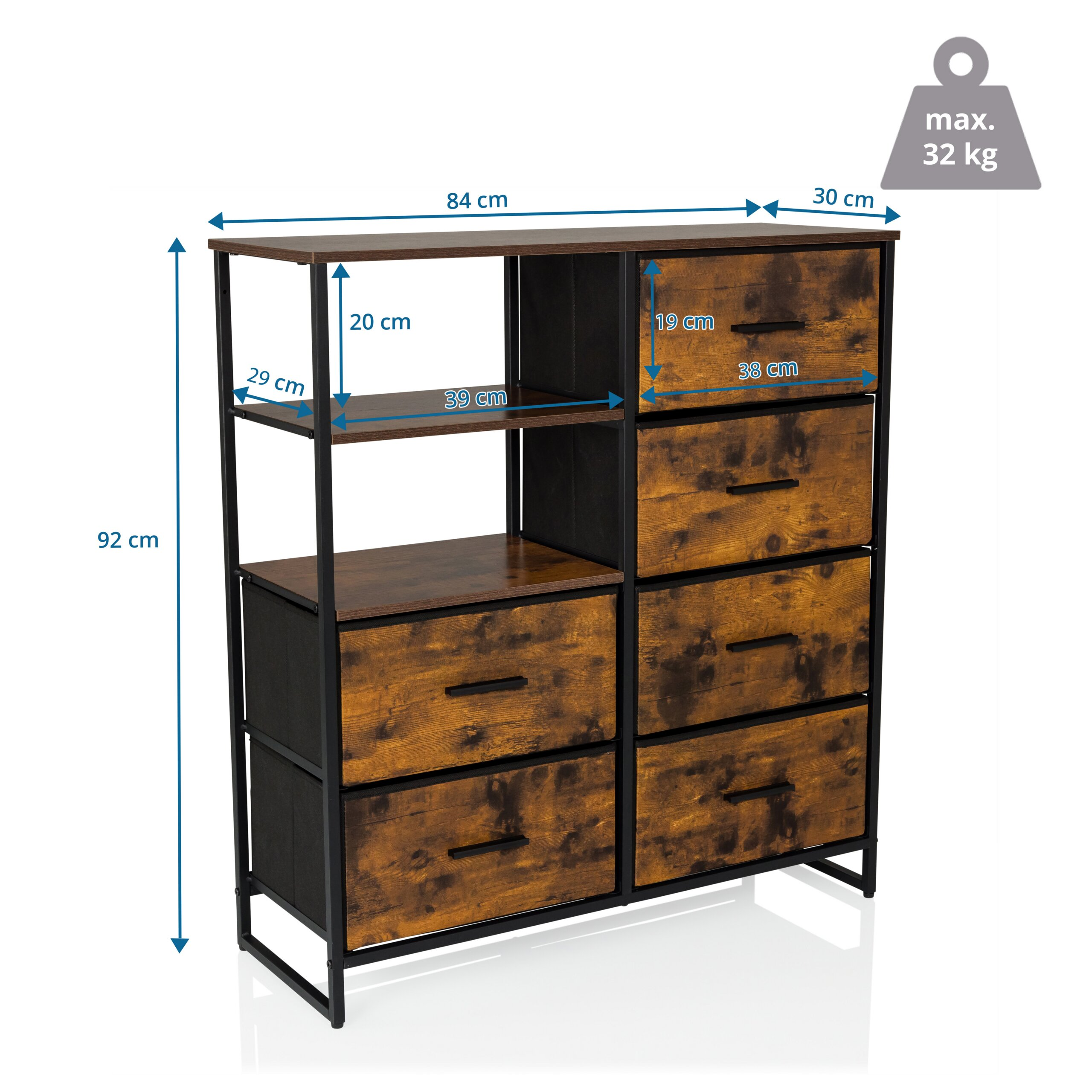 Ein rustikales Regal in Braun und Schwarz mit Maßen, Regalböden und sechs Stoffschubladen, max. 32 kg.
