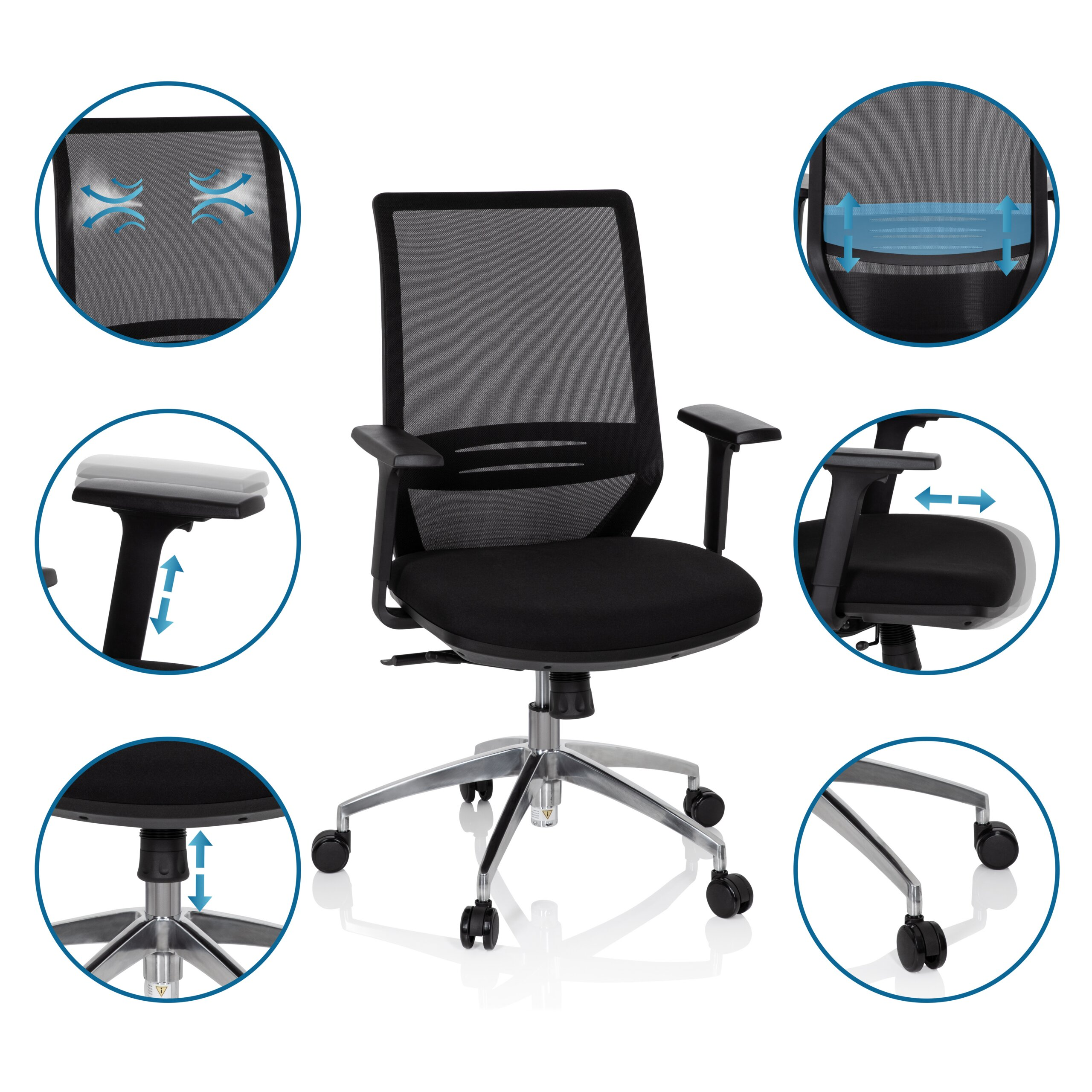 Schwarzer ergonomischer Bürostuhl mit Mesh-Rückenlehne und verschiedenen verstellbaren Funktionen in kreisrunden Insets.