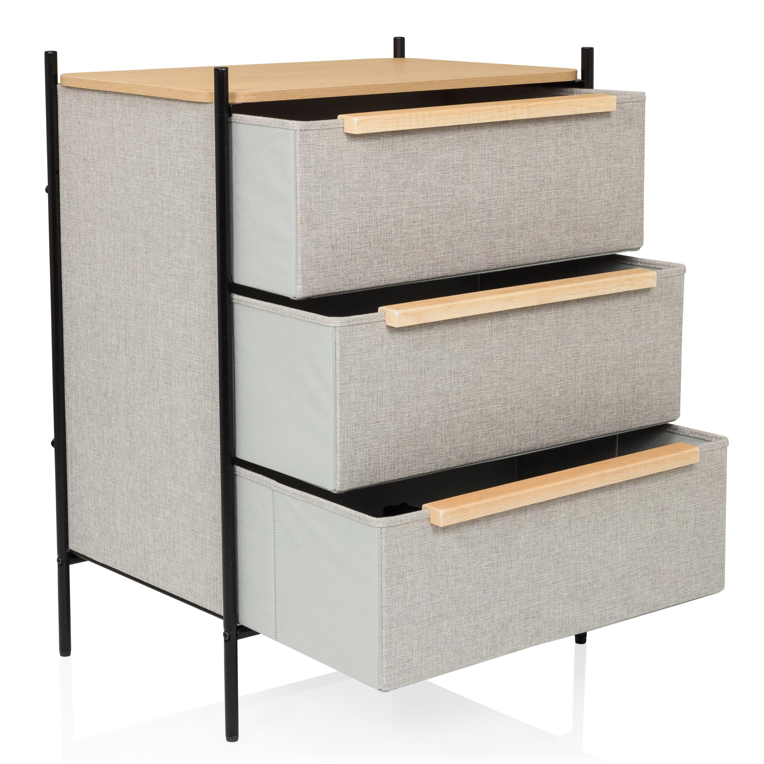 Eine graue Stoffkommode mit drei offenen Schubladen, Holzgriffen, einer Holzplatte und einem schwarzen Metallgestell.