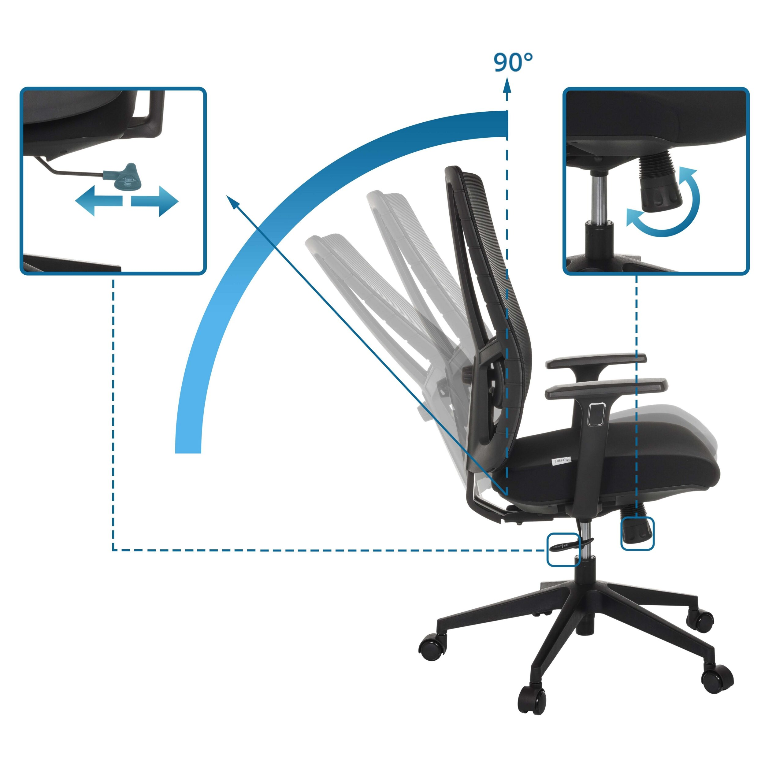 Diagramm zeigt die Neigungsverstellung eines schwarzen Buerostuhls.