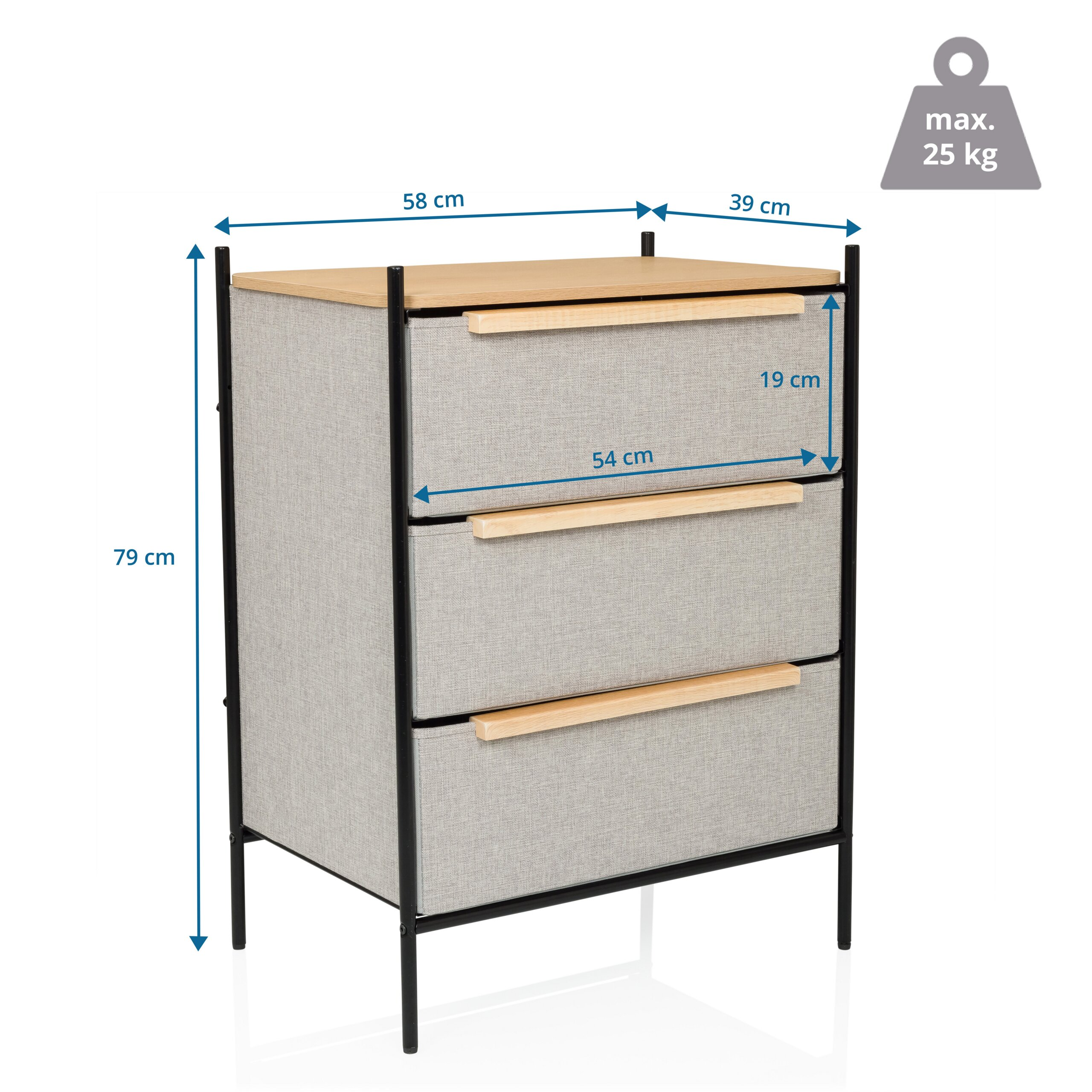 Eine Kommode mit grauen Stoffschubladen, Holzplatte, schwarzem Metallgestell und Maßeinheiten.