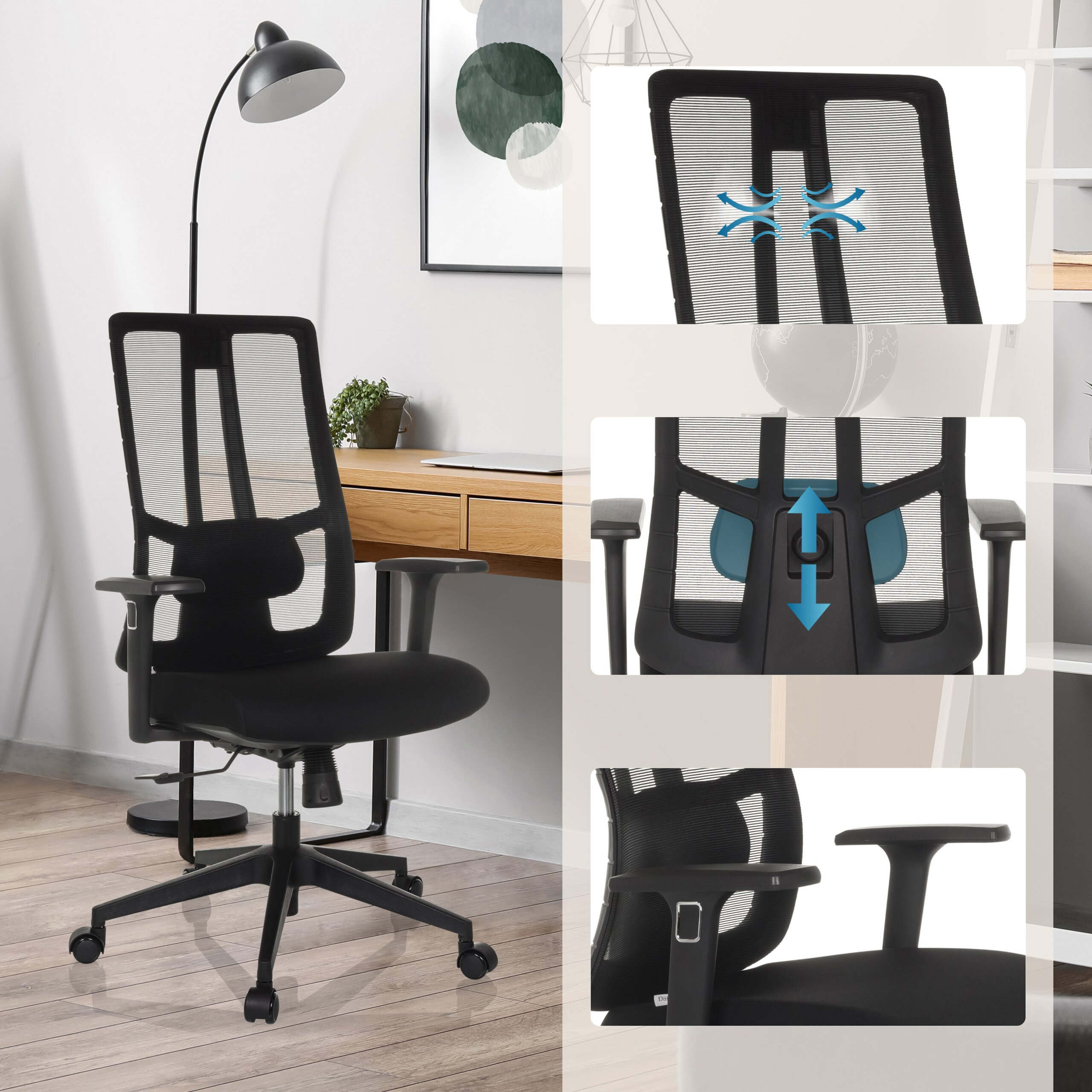 Schwarzer Buerostuhl mit Netzrueckenlehne vor Schreibtisch, dazu Detailaufnahmen von Verstellfunktionen.