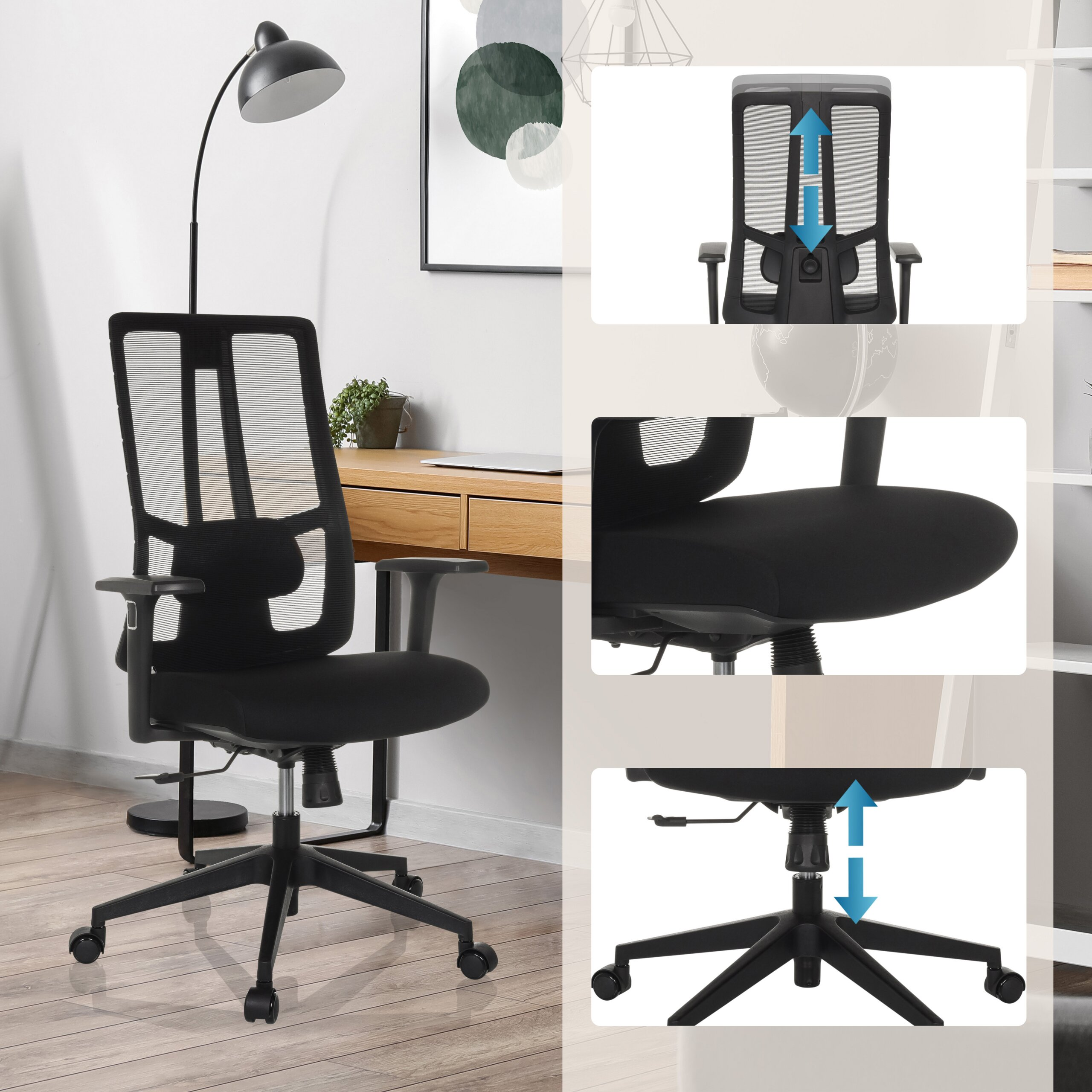 Schwarzer ergonomischer Buerostuhl mit verstellbarer Hoehe und Rueckenlehne, in einem modernen Arbeitszimmer.