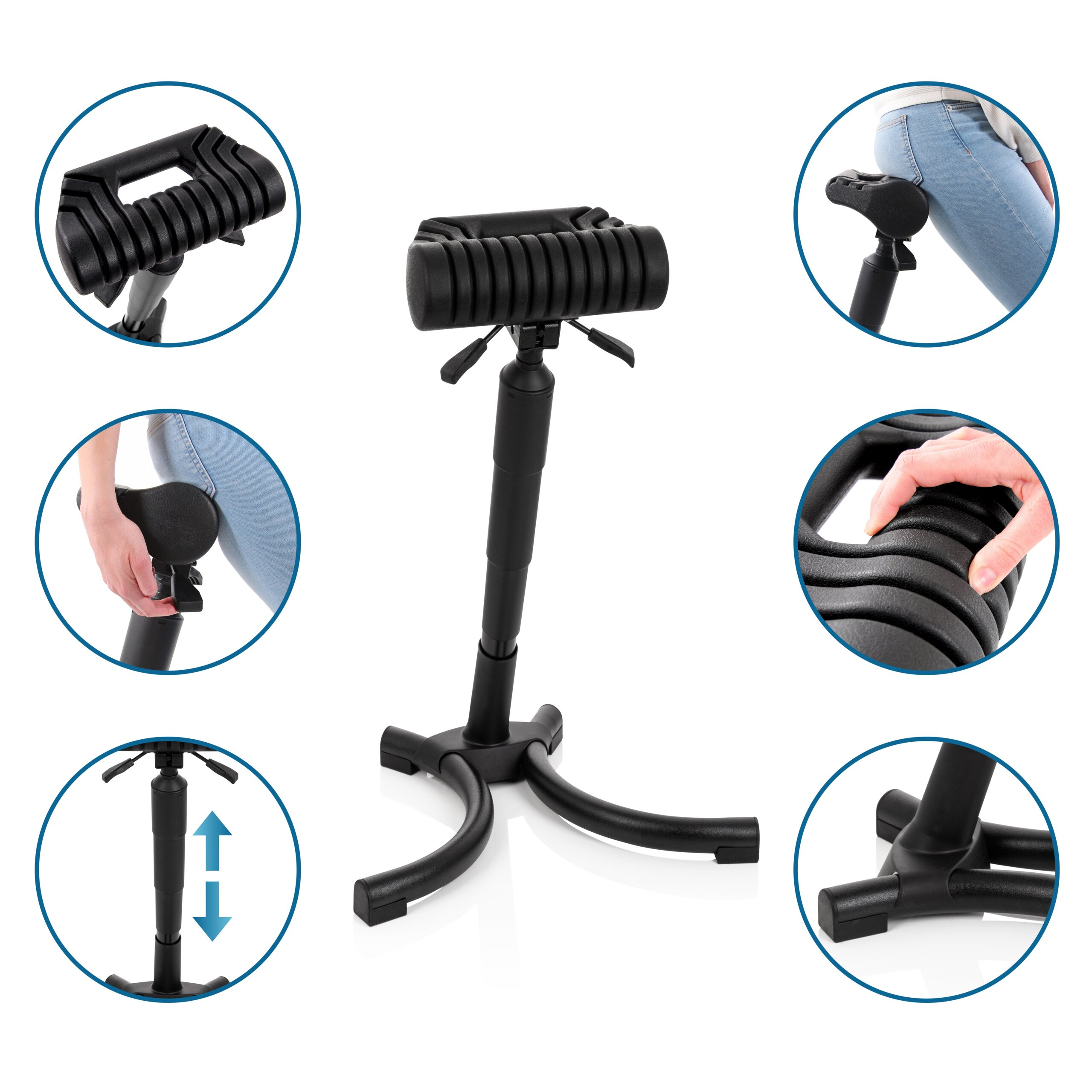 Schwarzer, ergonomischer Sitzhocker mit verstellbarer Höhe und Kurvenansichten.