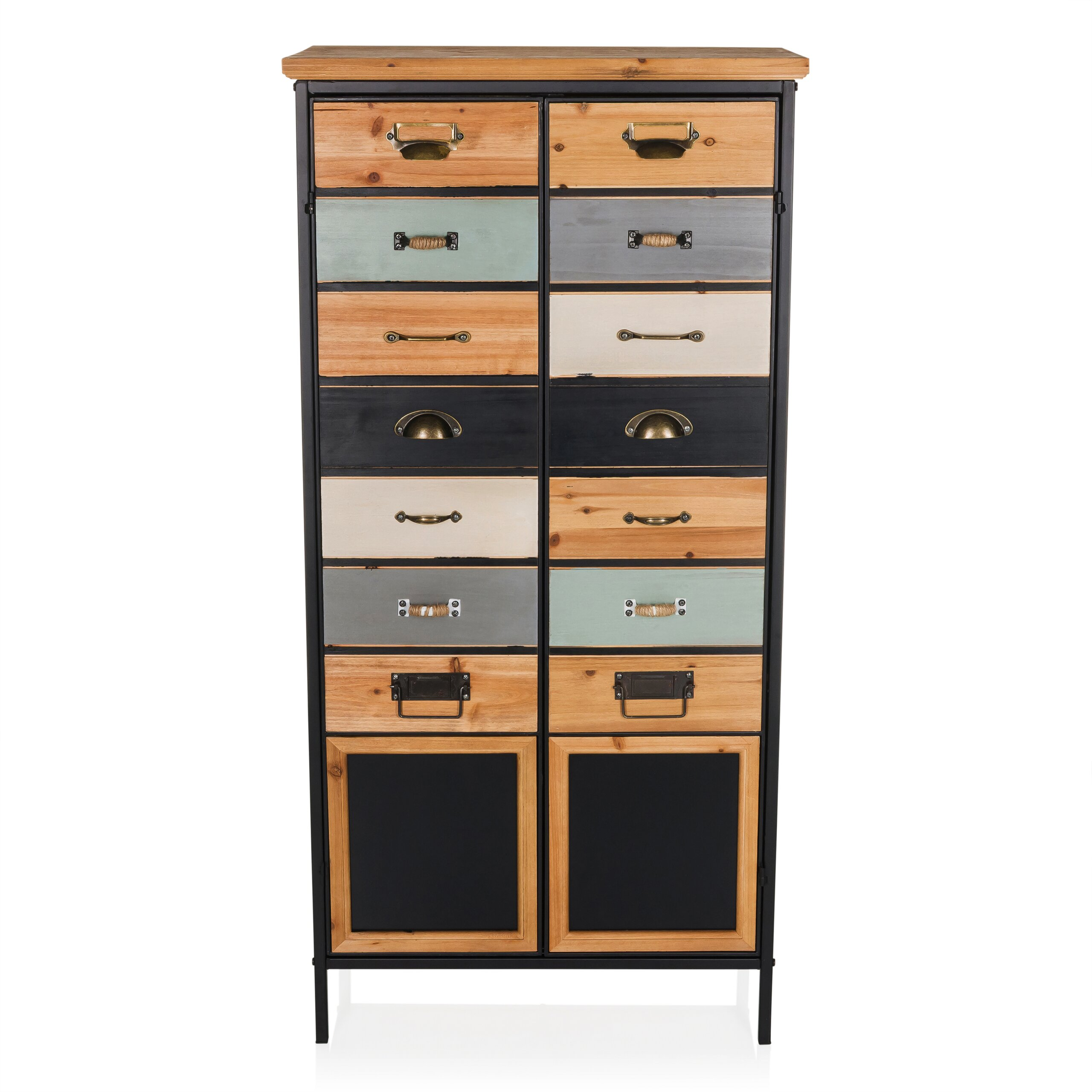 Hoher Industrie-Holzschrank mit bunten Schubladen und zwei schwarzen Türen in Metallrahmen.