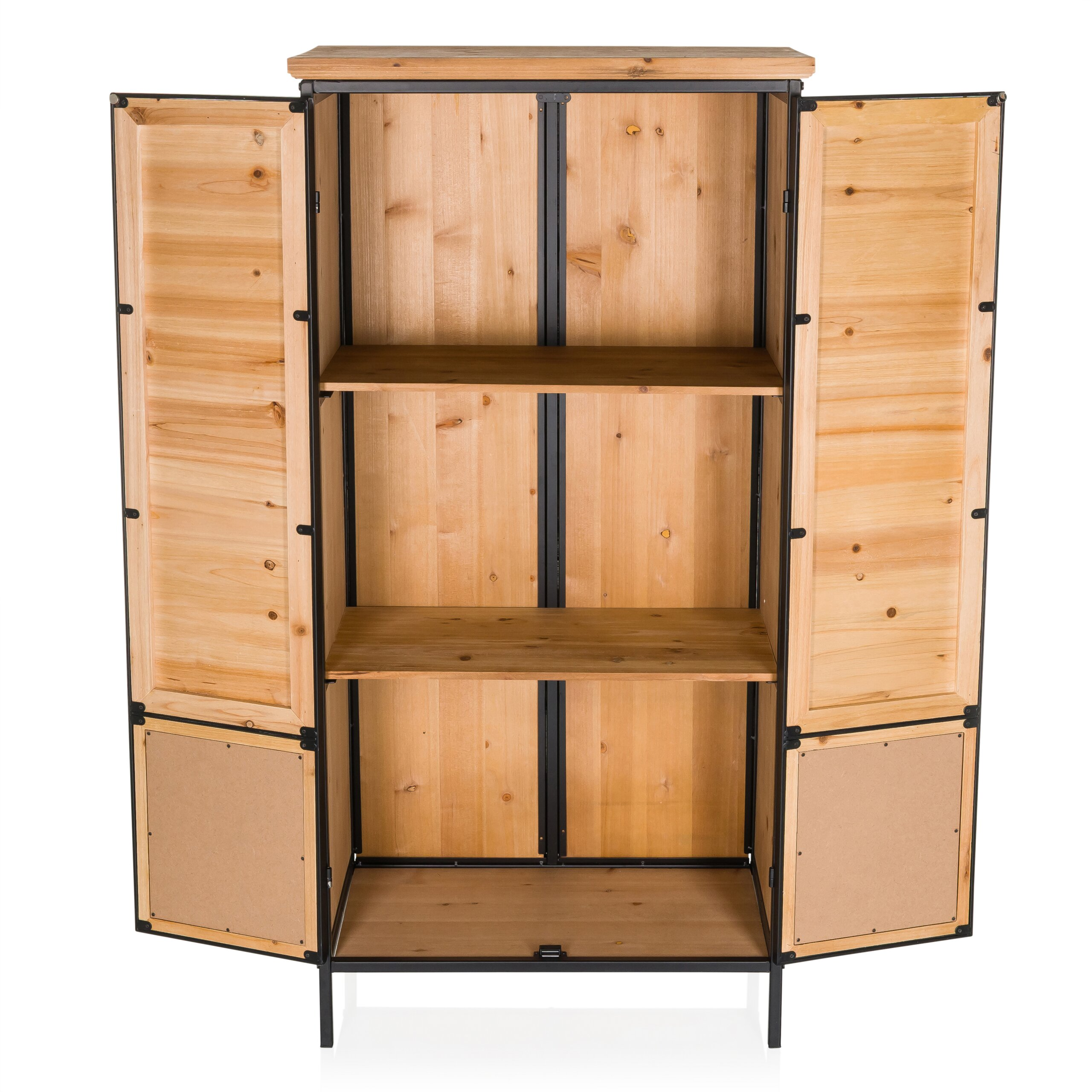 Ein offener Holzschrank mit schwarzem Metallrahmen und drei Regalböden auf einem weißen Hintergrund.