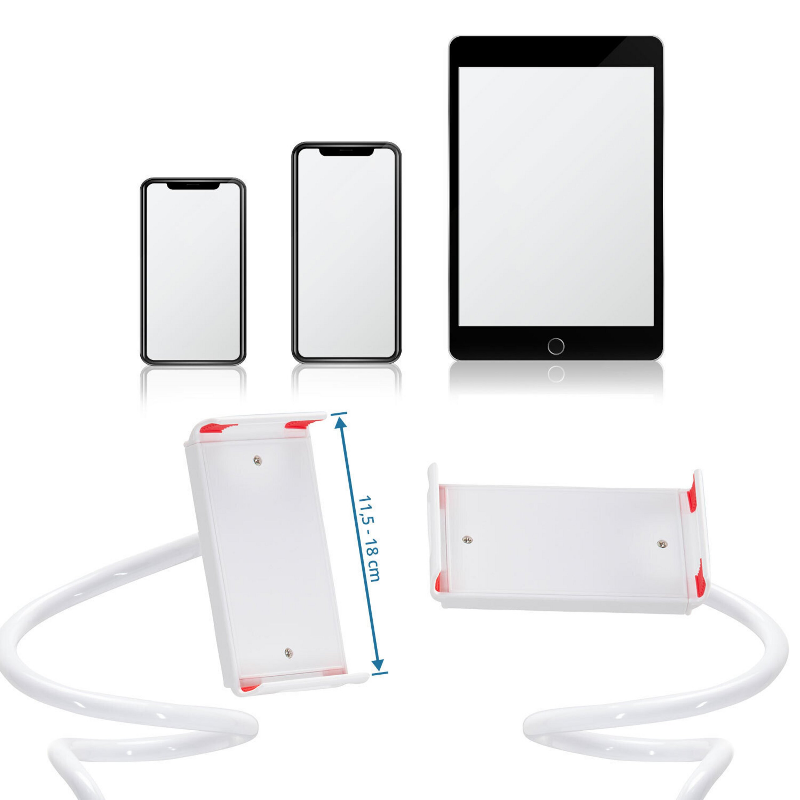 Zwei flexible Gooseneck-Halterungen für Handys und Tablets, mit Maßen von 11,5 bis 18 cm.