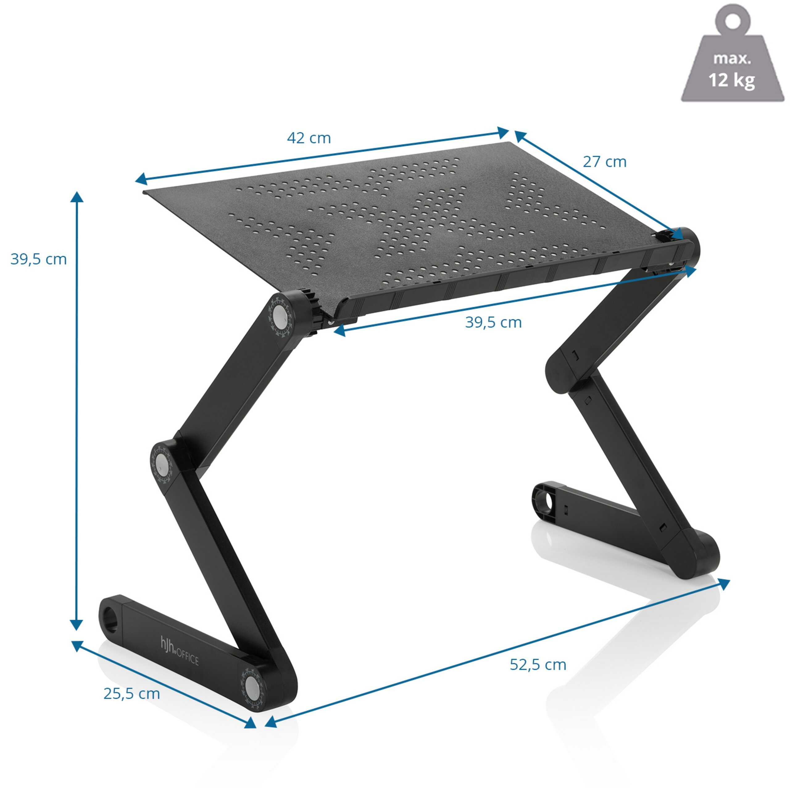 Verstellbarer schwarzer Laptoptisch mit Maßangaben und max. 12 kg Tragkraft.