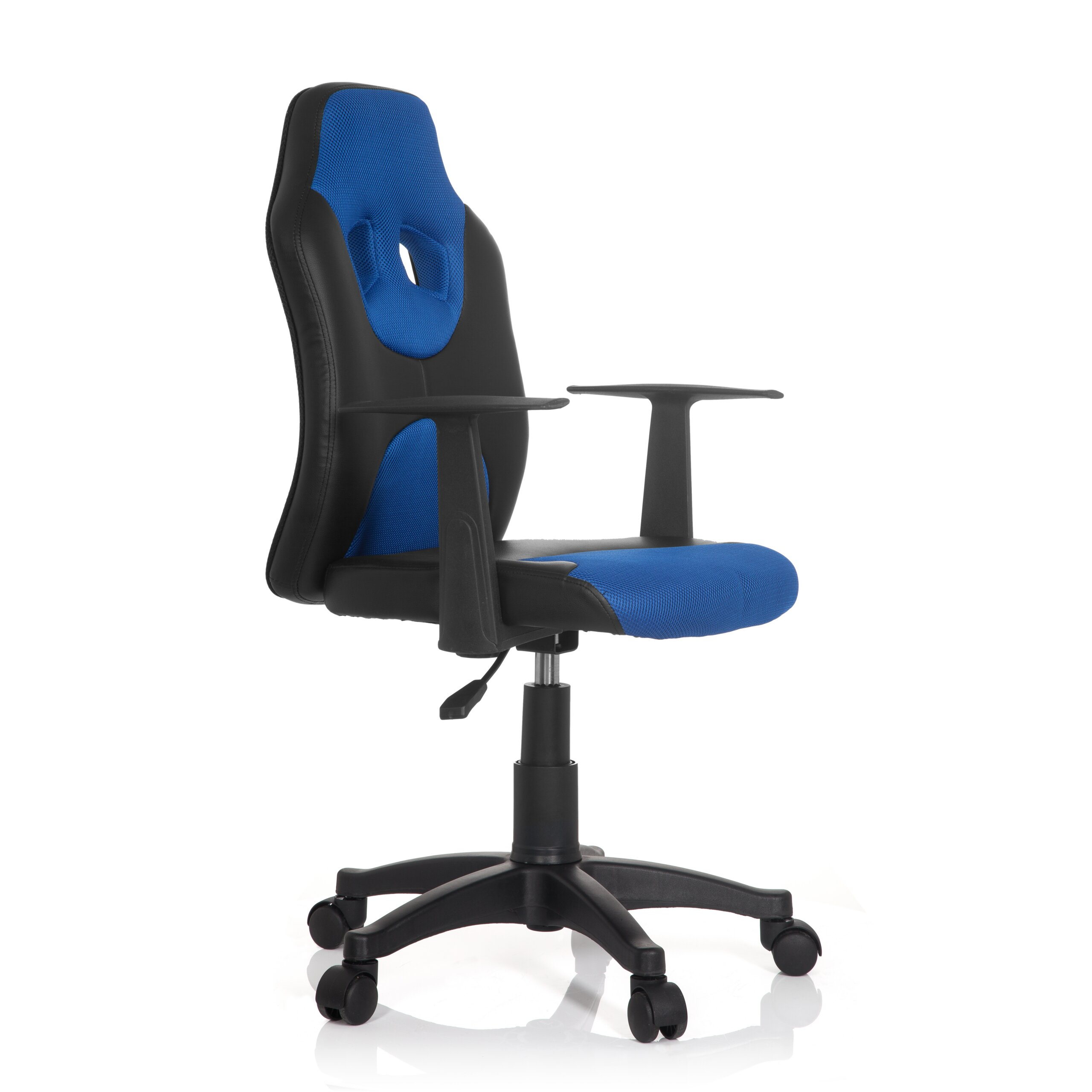 Ein blauer und schwarzer Gaming-Stuhl mit Rollen auf weißem Hintergrund.