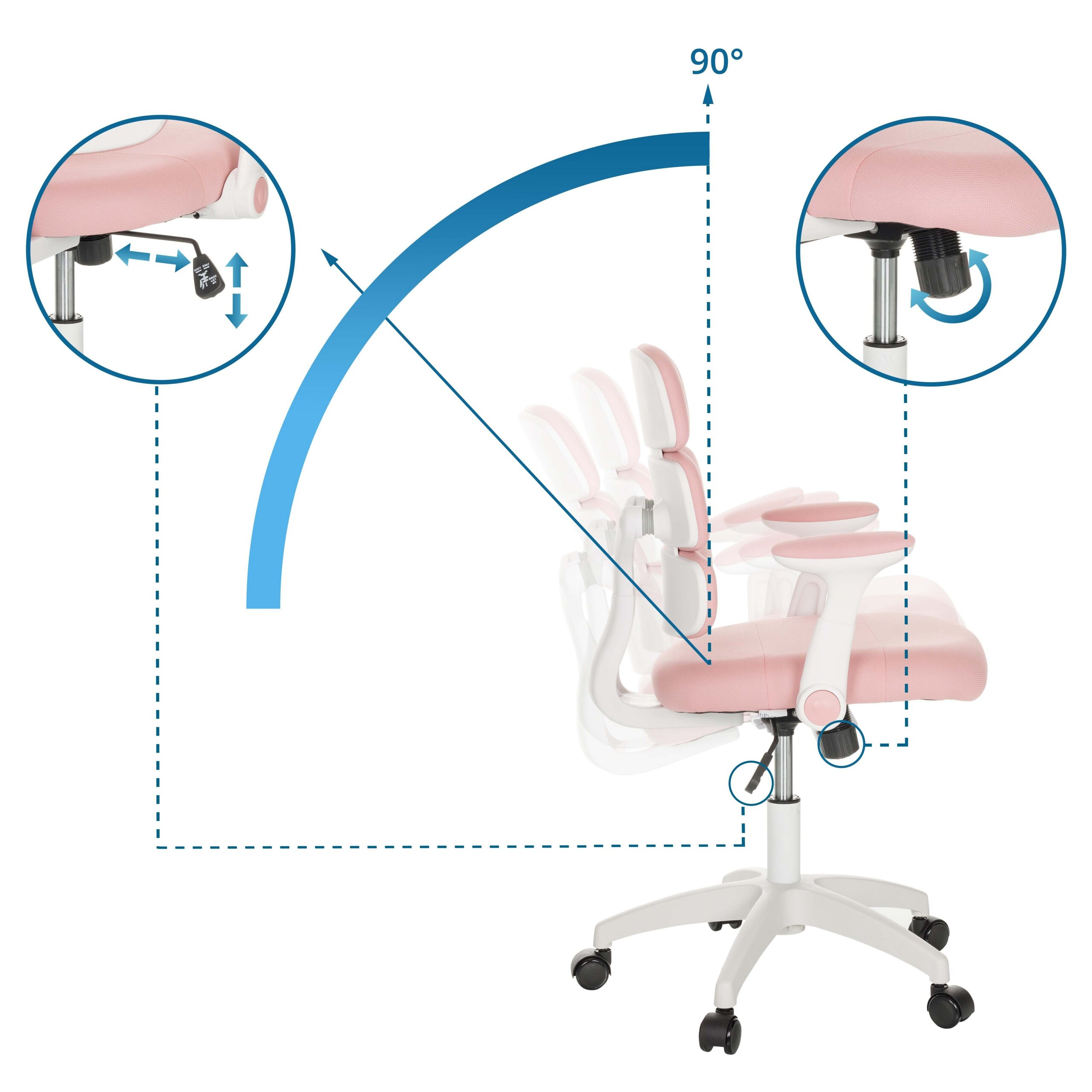 Diagramm zeigt die Neigungs- und Höhenverstellung eines rosa Bürostuhls.