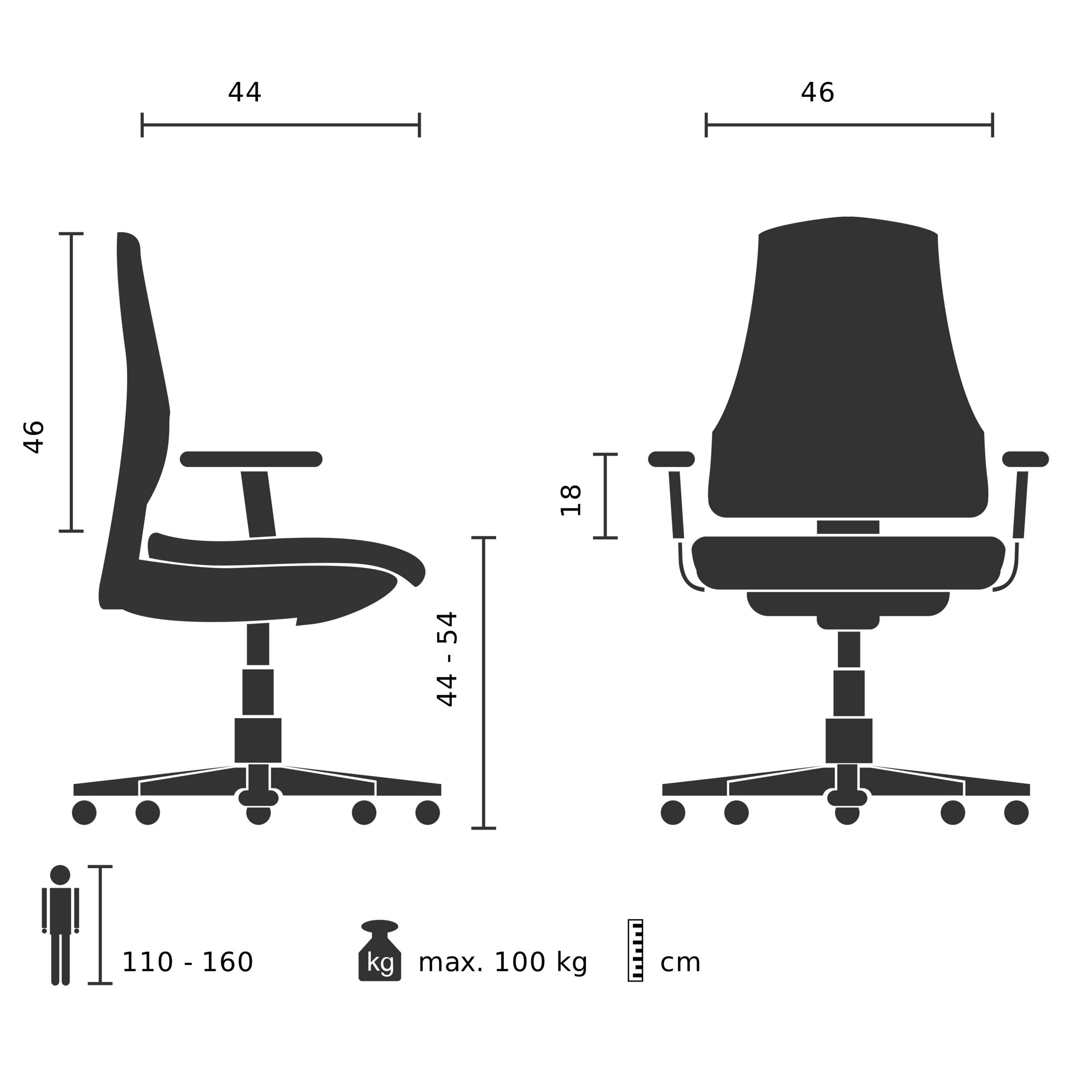 Technische Zeichnung eines Buerostuhls mit Massangaben und Symbolen fuer Gewicht und Groesse.