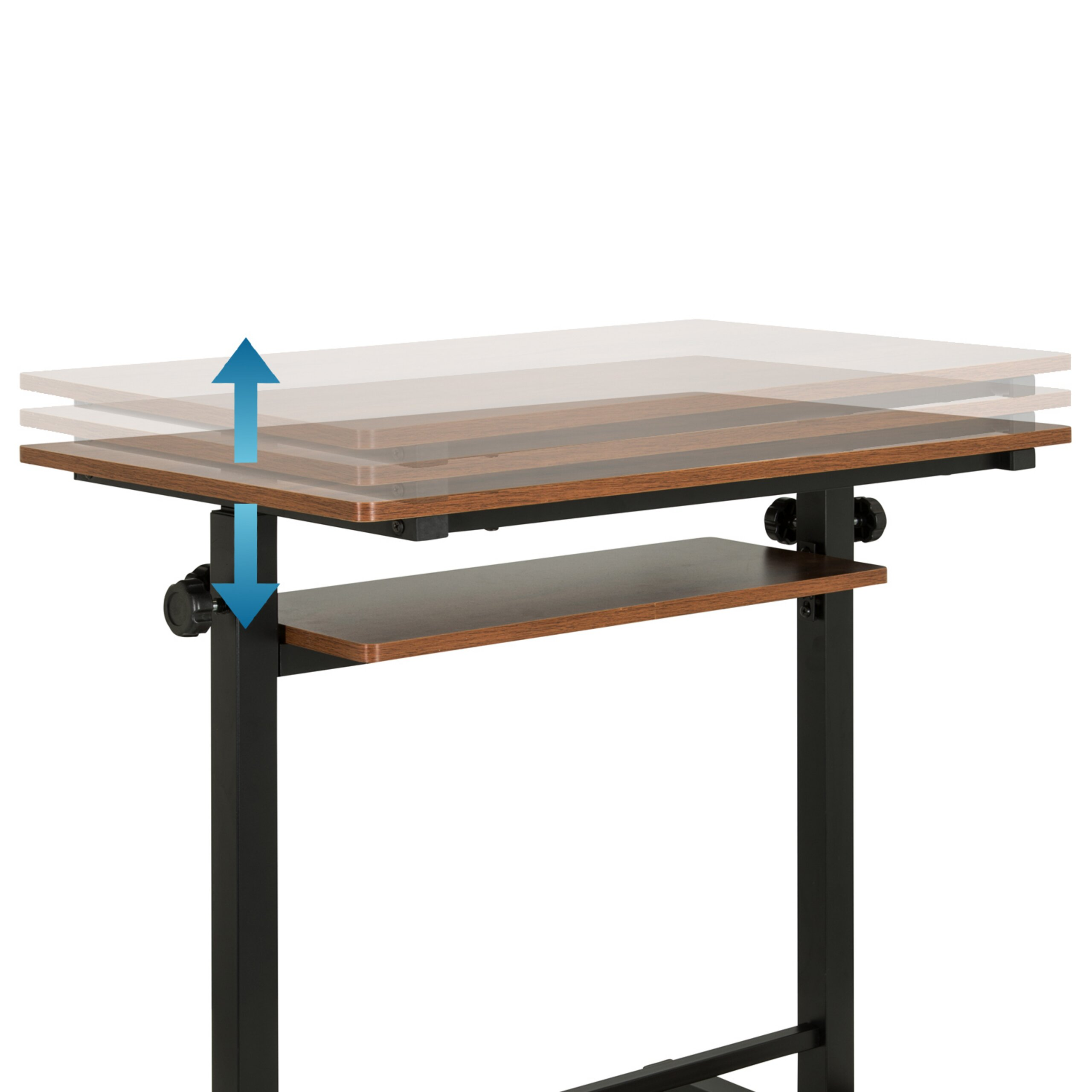 Ein verstellbarer Holztisch mit schwarzen Beinen und unterem Ablageboden, höhenverstellbar mit blauen Pfeilen.