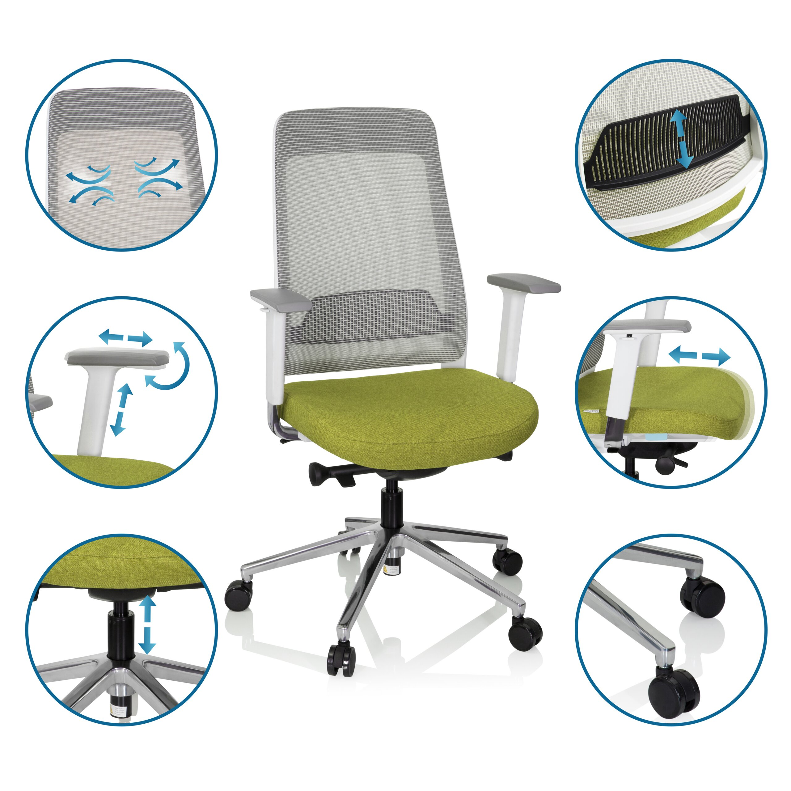 Grüner und grauer ergonomischer Bürostuhl mit Rollen, umgeben von Detailansichten mit blauen Funktionspfeilen.