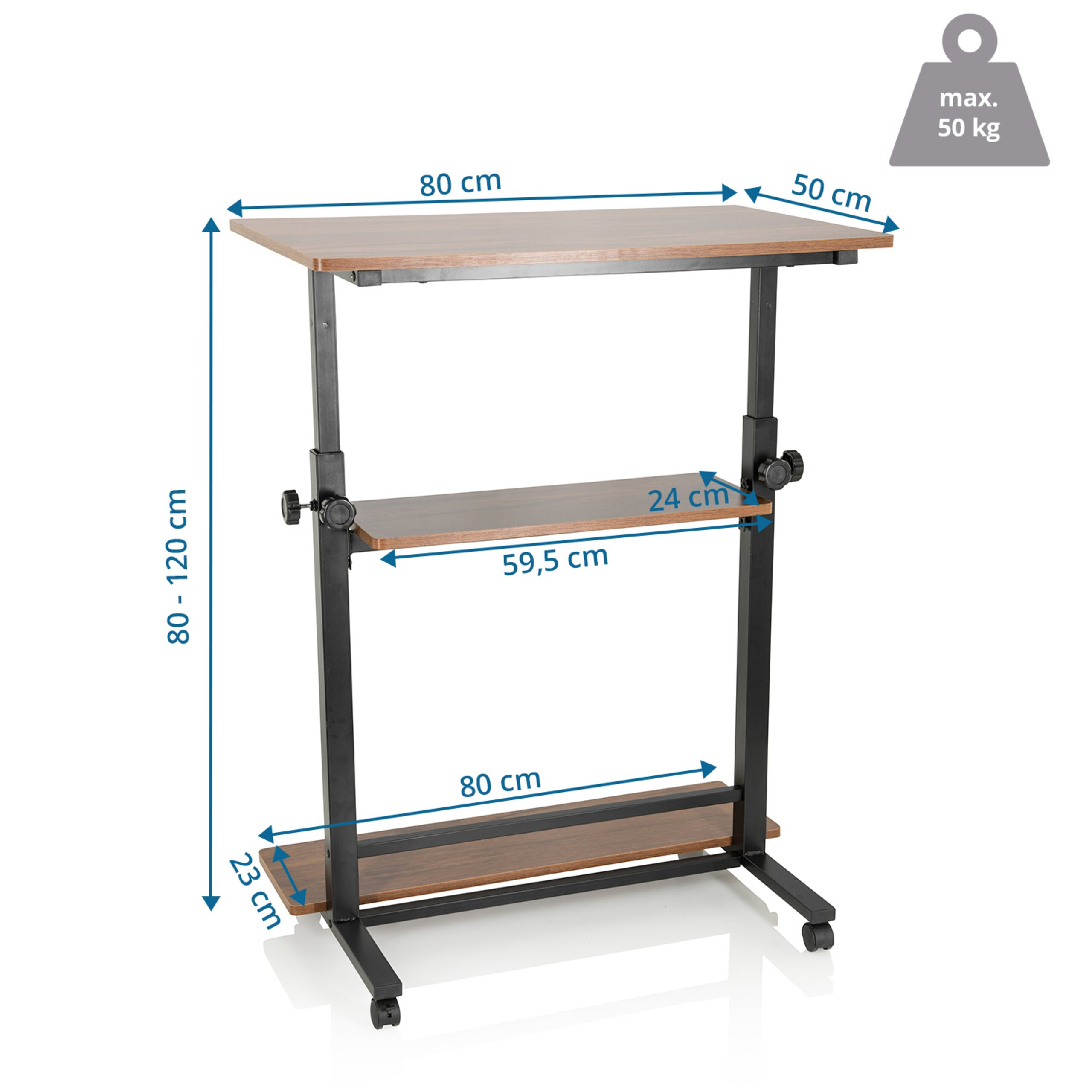 Verstellbarer Stehtisch mit holzfarbenen Ablagen und Maßen sowie Gewichtslimit von 50 kg oben rechts.