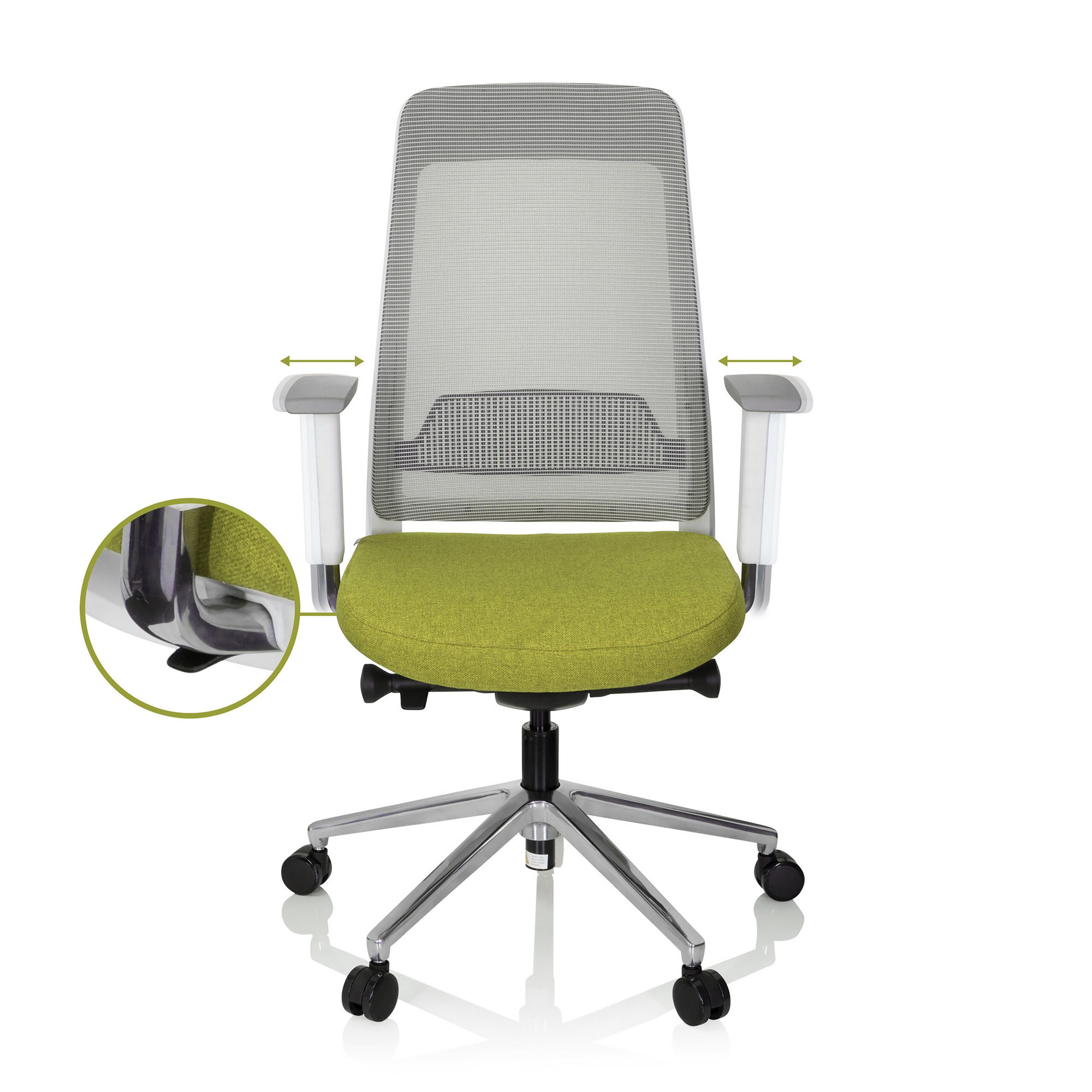 Bürostuhl mit grünem Sitz, grauer Net Rückenlehne und Metallbasis auf Rollen.