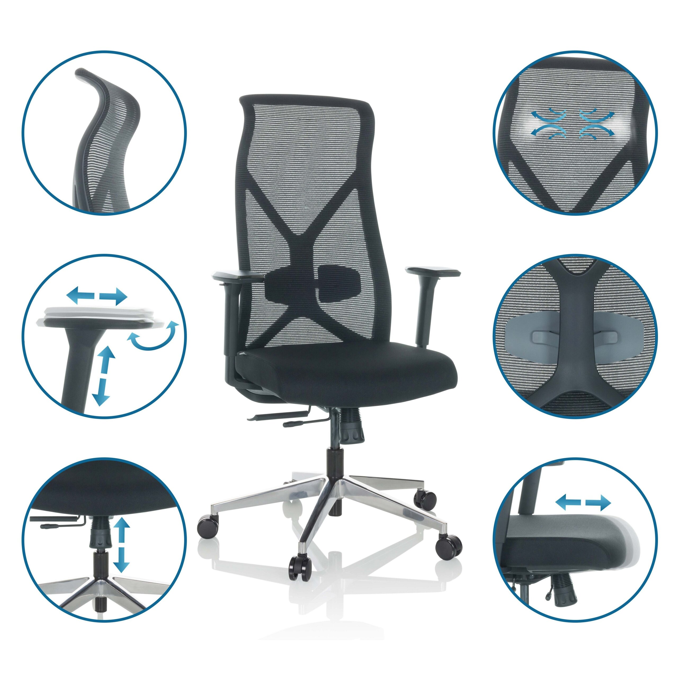 Ein schwarzer Buerostuhl umgeben von runden Einsetzungsdiagrammen, die seine ergonomischen Eigenschaften zeigen.