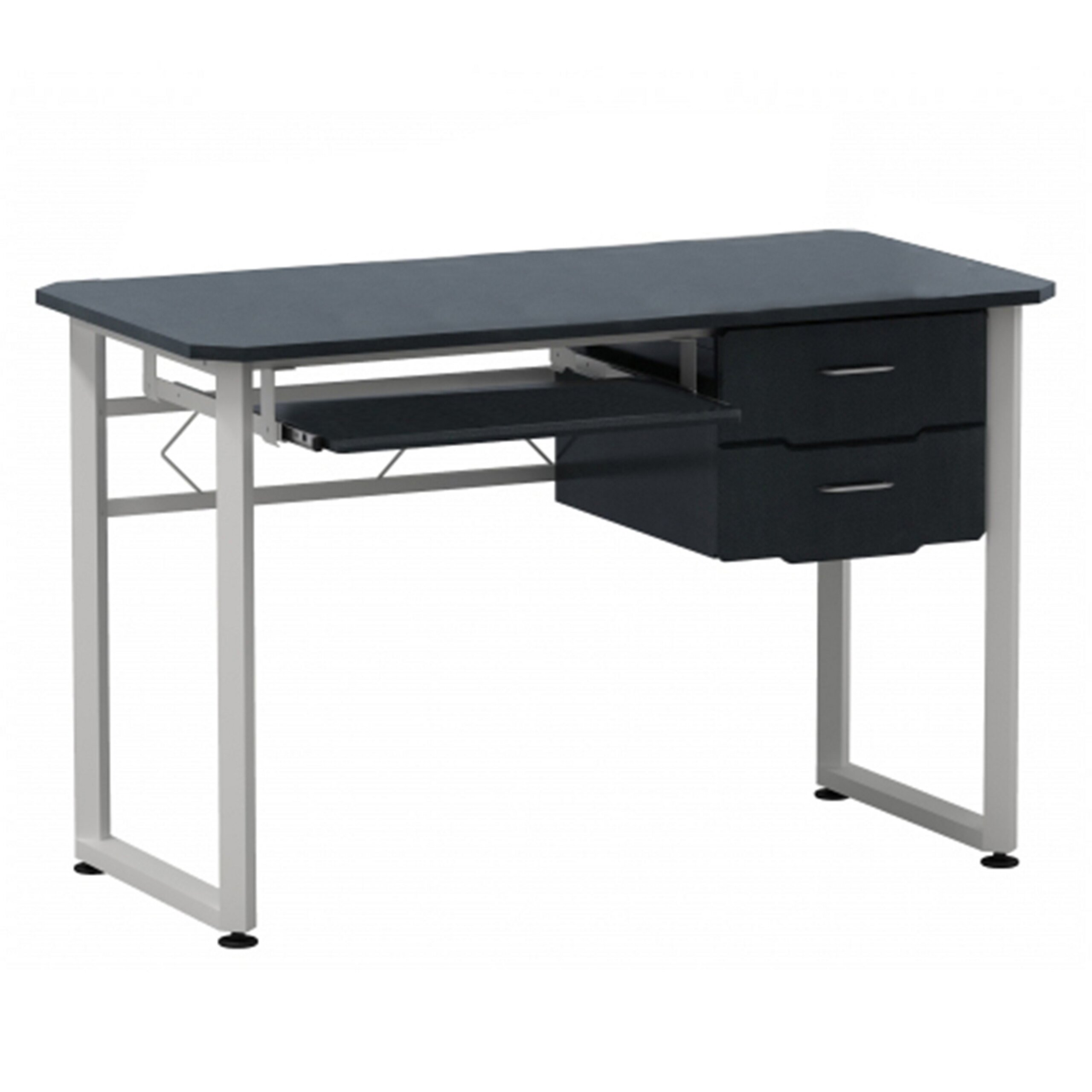 Ein schwarzer Schreibtisch mit grauem Metallgestell, zwei Schubladen und einer ausziehbaren Tastaturablage.