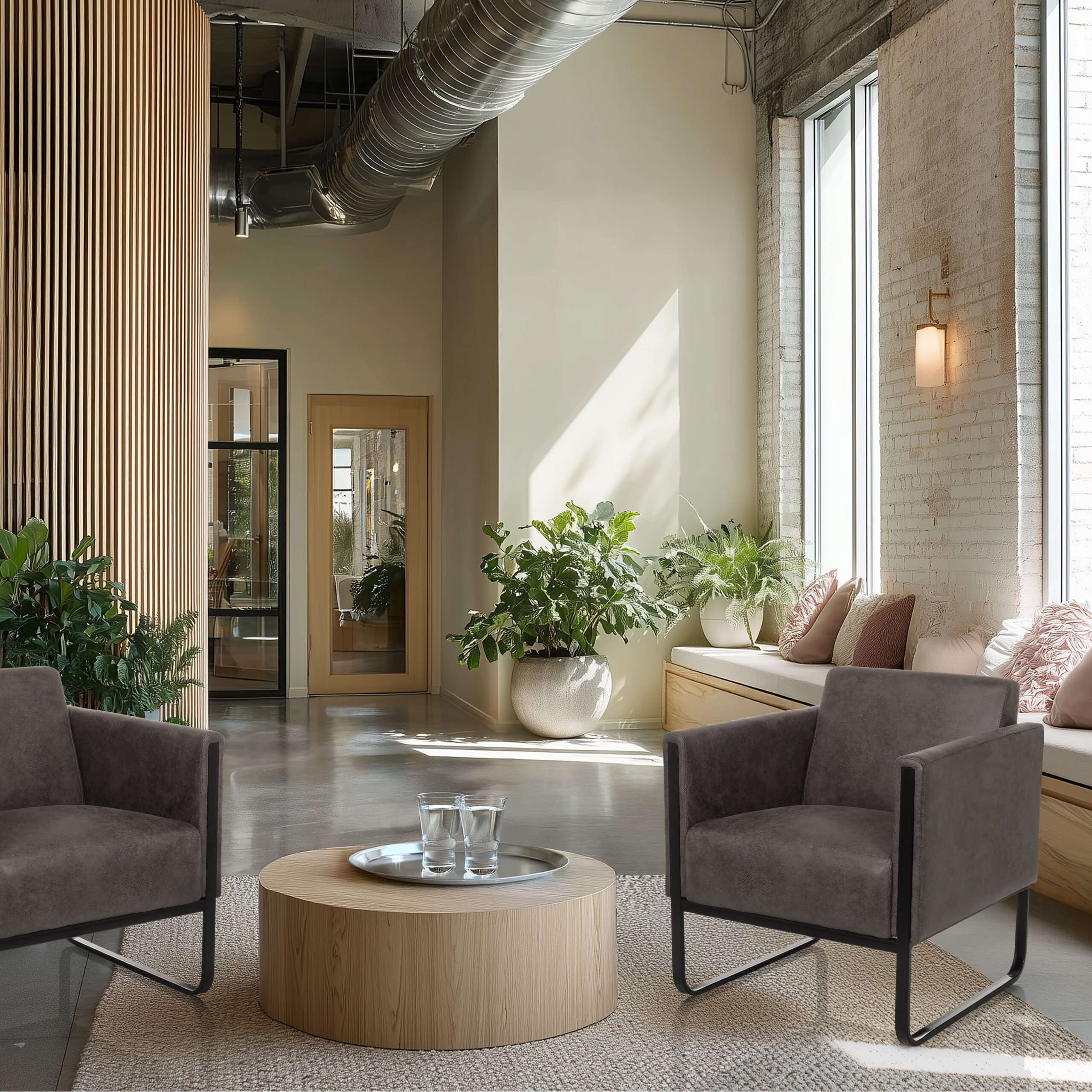 Moderne Lounge mit grauen Sesseln, Holztisch, Pflanzen und großen Fenstern mit Sitzbank.