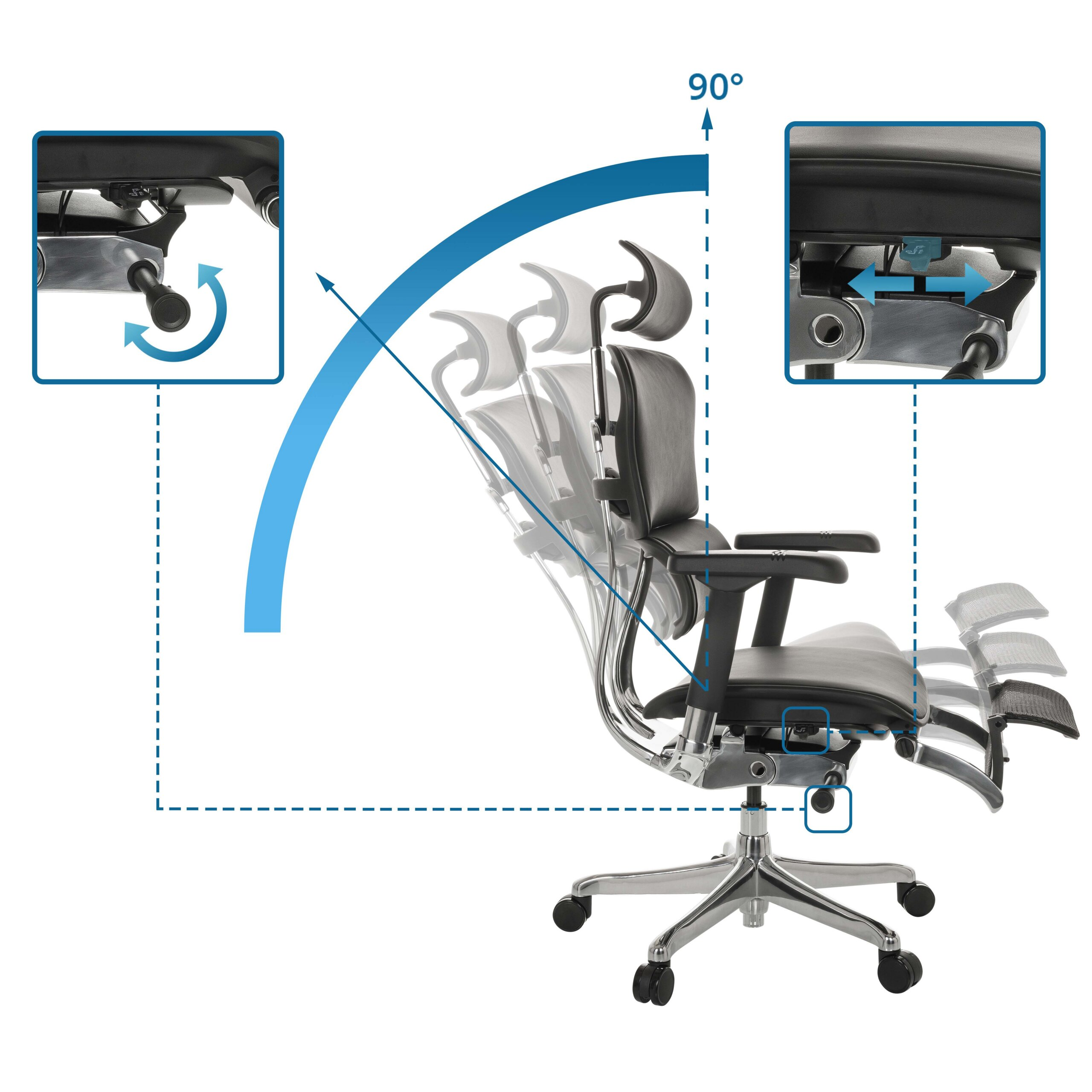Bürostuhl mit verstellbarer Rückenlehne, Fußstütze und blauen Diagrammen.