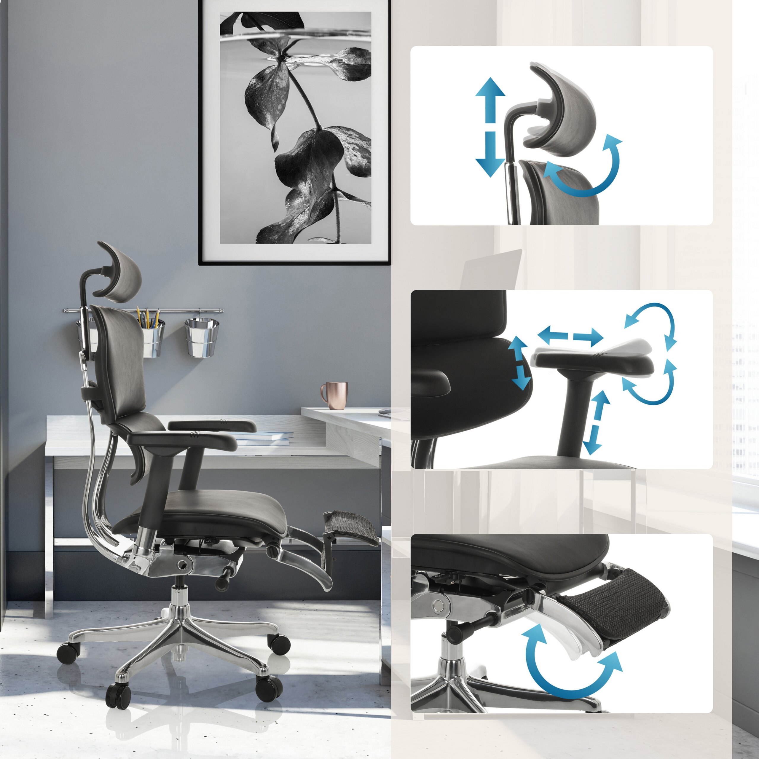 Ergonomischer Bürostuhl mit verstellbarer Kopfstütze, Armlehnen und Beinstütze vor einem Schreibtisch.