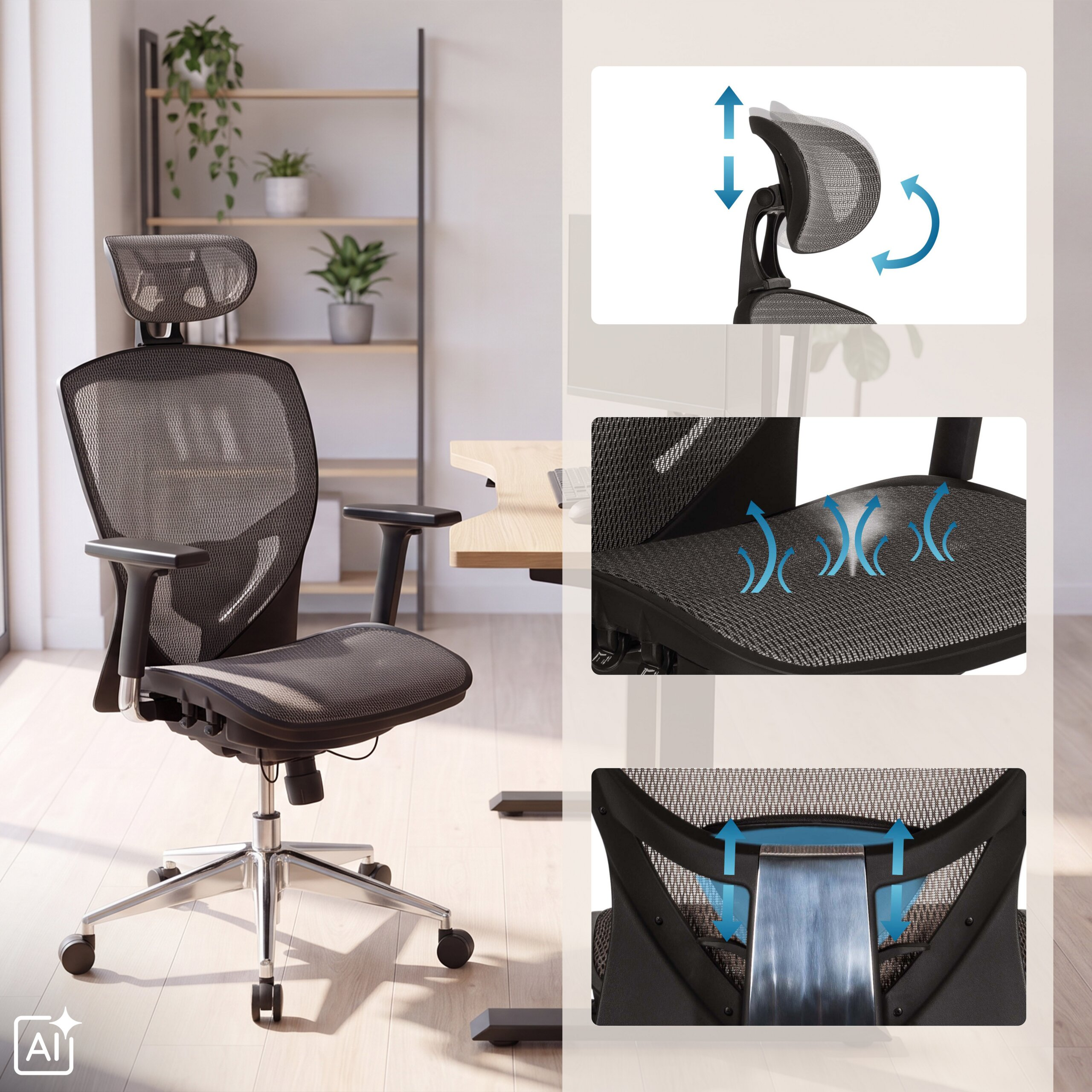 Ein ergonomischer schwarzer Netz-Bürostuhl mit Kopfstütze und verstellbaren Funktionen im Büro.
