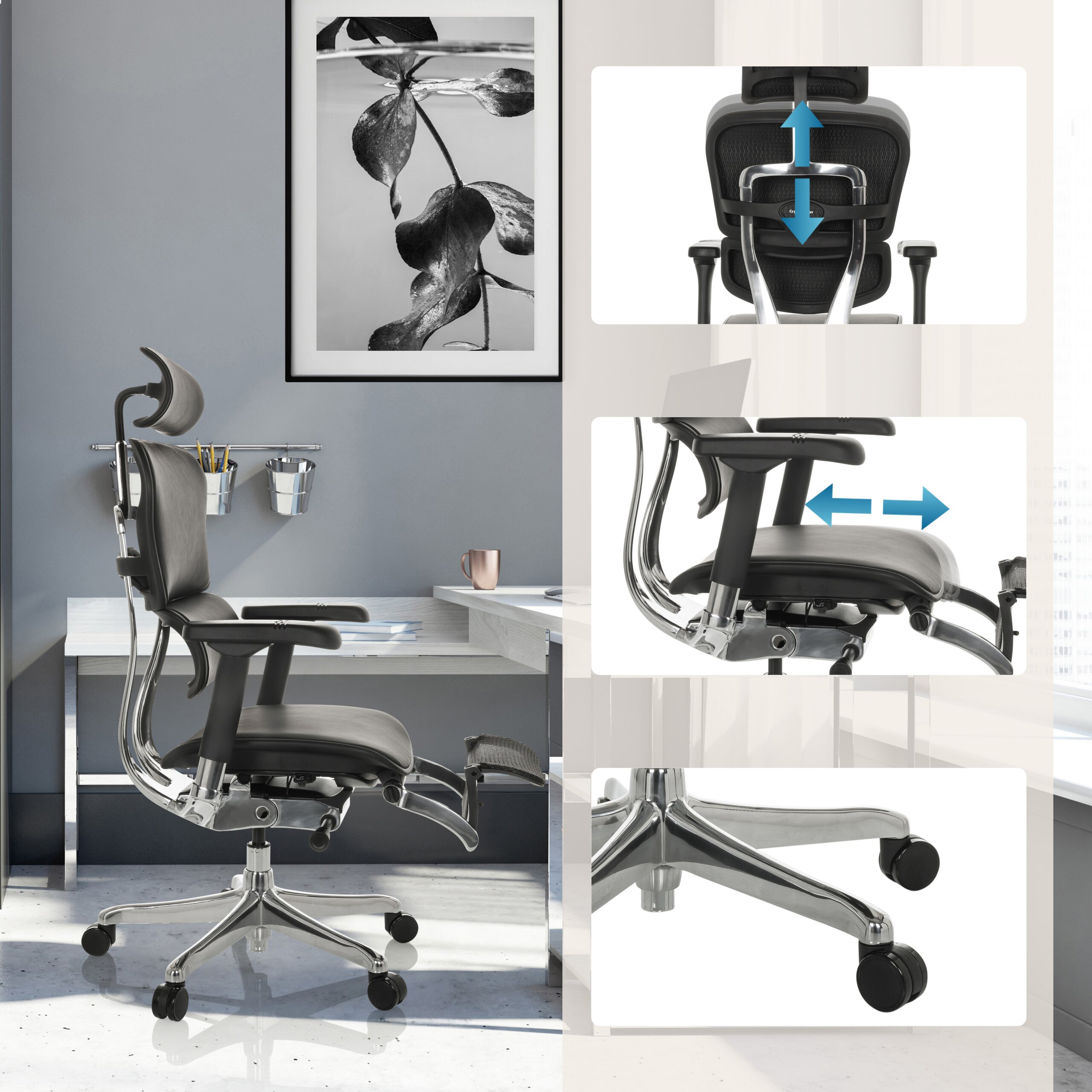 Ein ergonomischer Bürostuhl mit verstellbarer Kopfstütze, Sitztiefe und Chromrollen in einem modernen Heimarbeitsplatz.