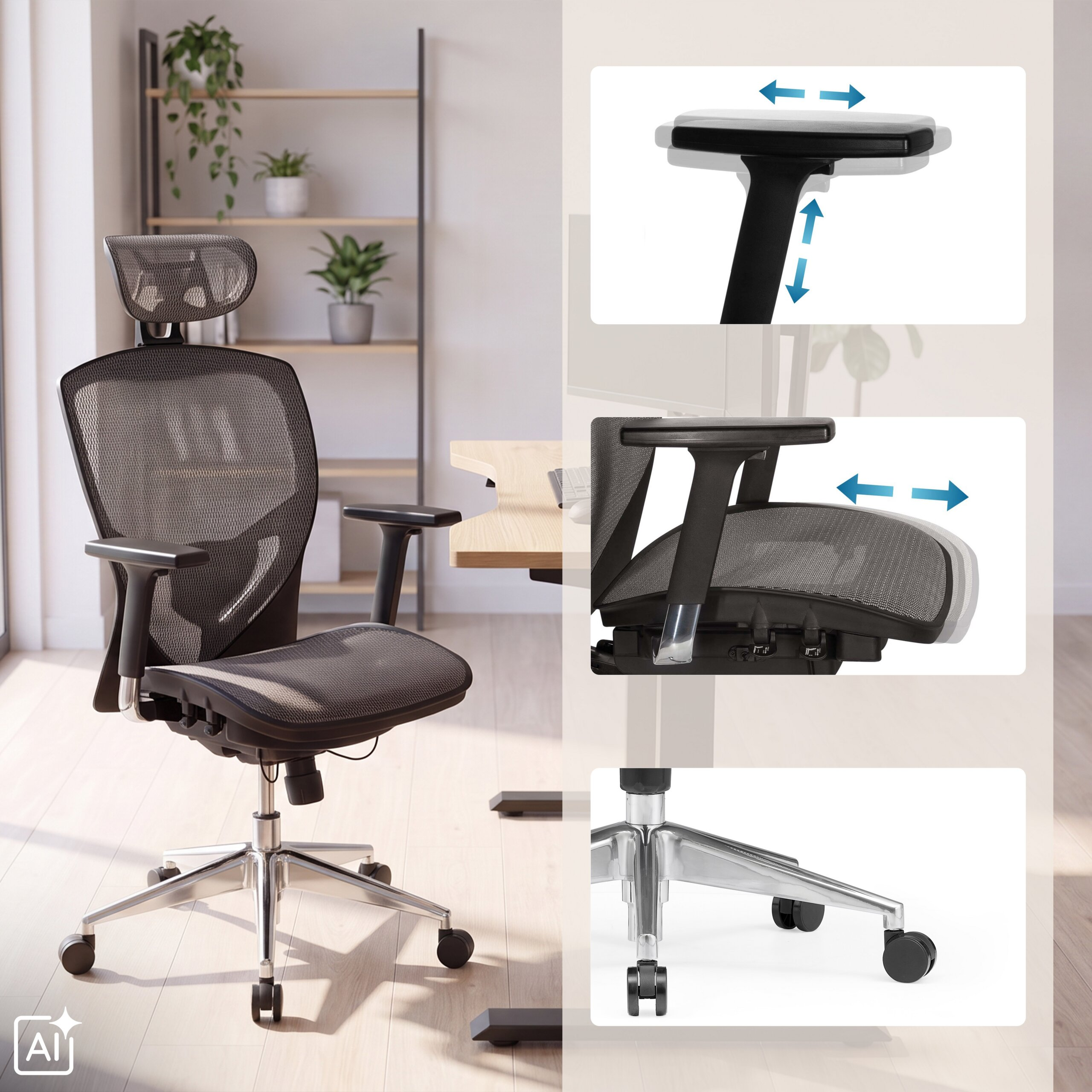Ergonomischer schwarzer Buerostuhl mit verstellbaren Armlehnen und Sitz sowie Rollenfuß in einem modernen Zimmer.