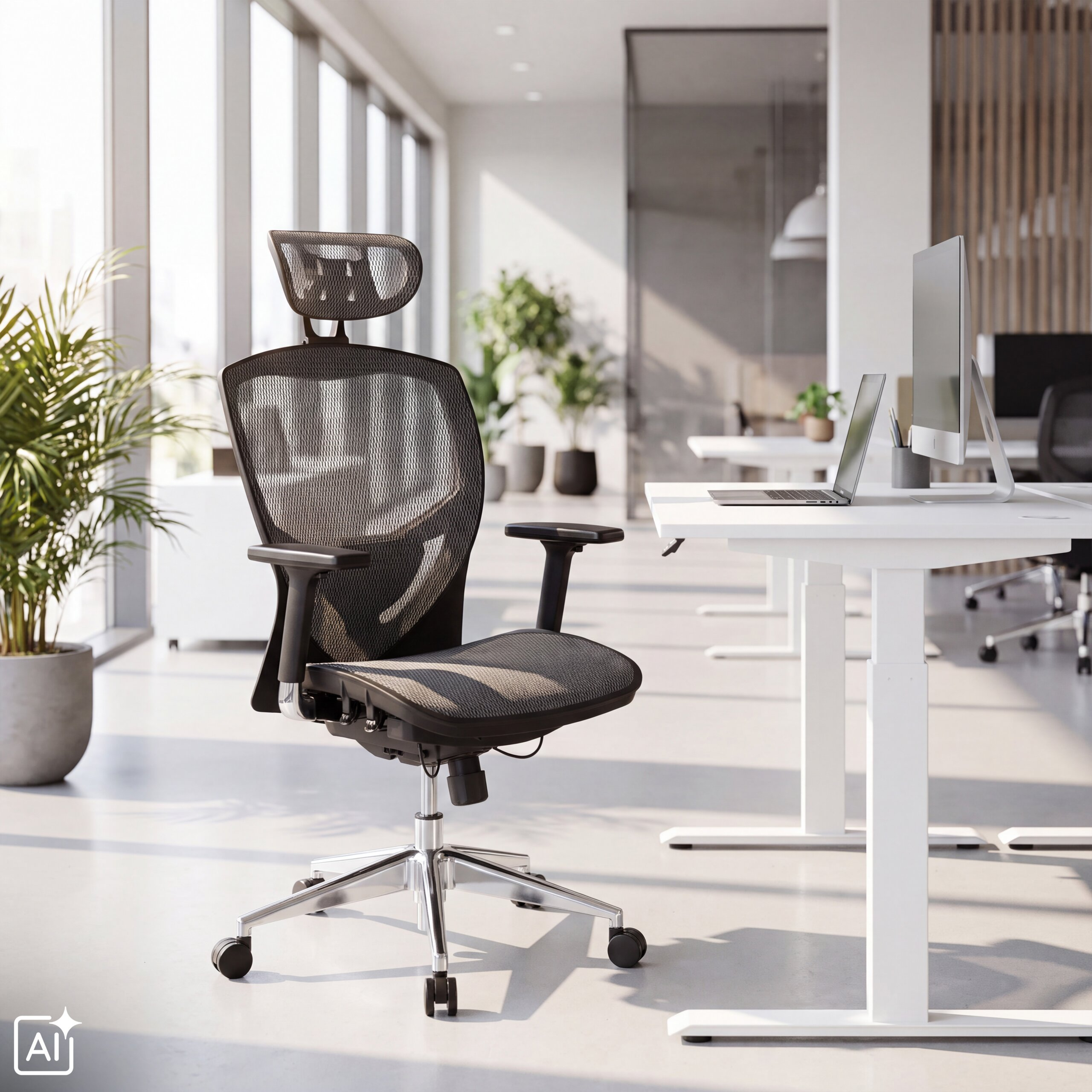 Ein schwarzer ergonomischer Bürostuhl steht in einem modernen, hellen Büro mit weißen Tischen und Pflanzen.