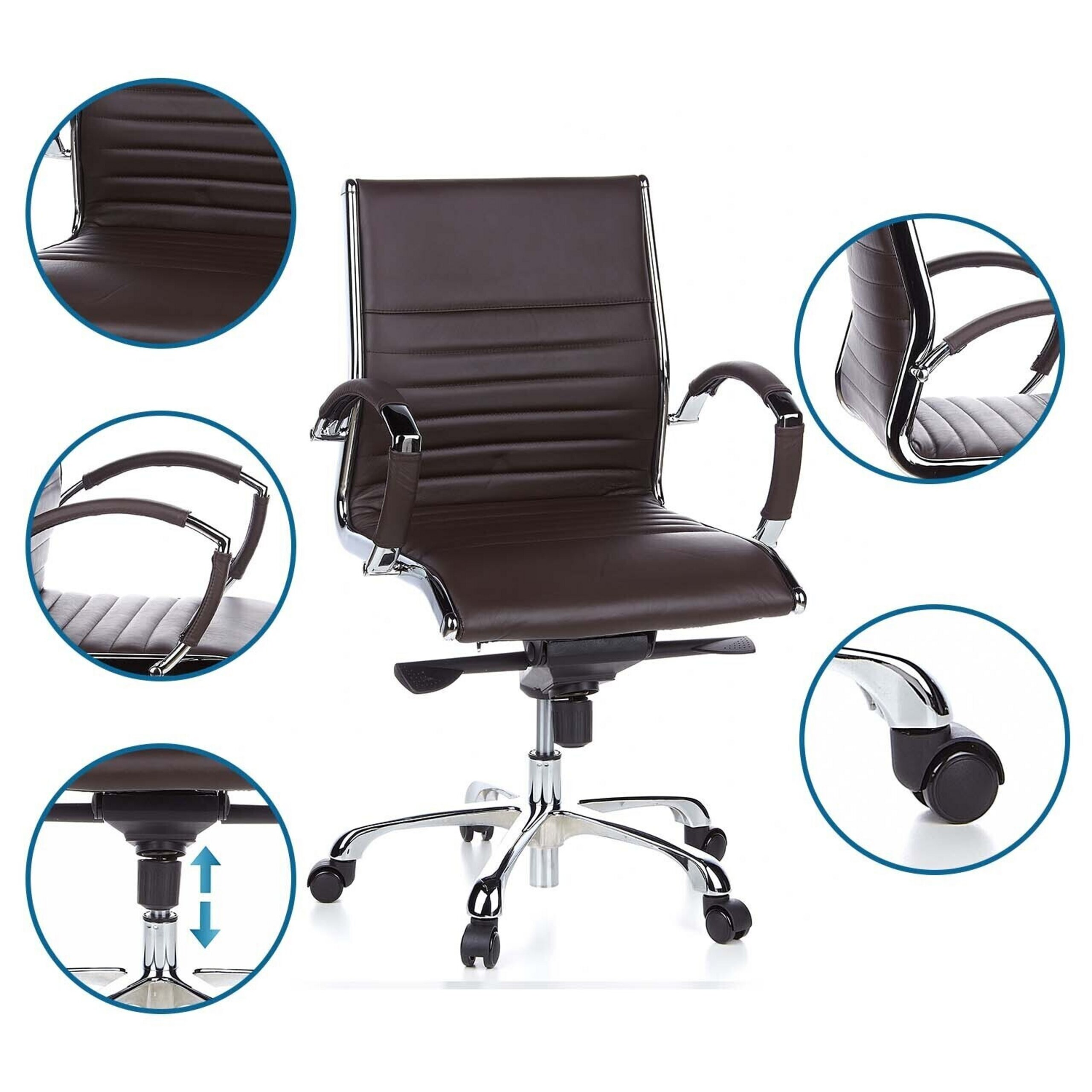 Brauner Bürostuhl mit Chromgestell, Rollen und Detailansichten von Sitz, Lehne, Armlehne, Höhenverstellung und Rolle.