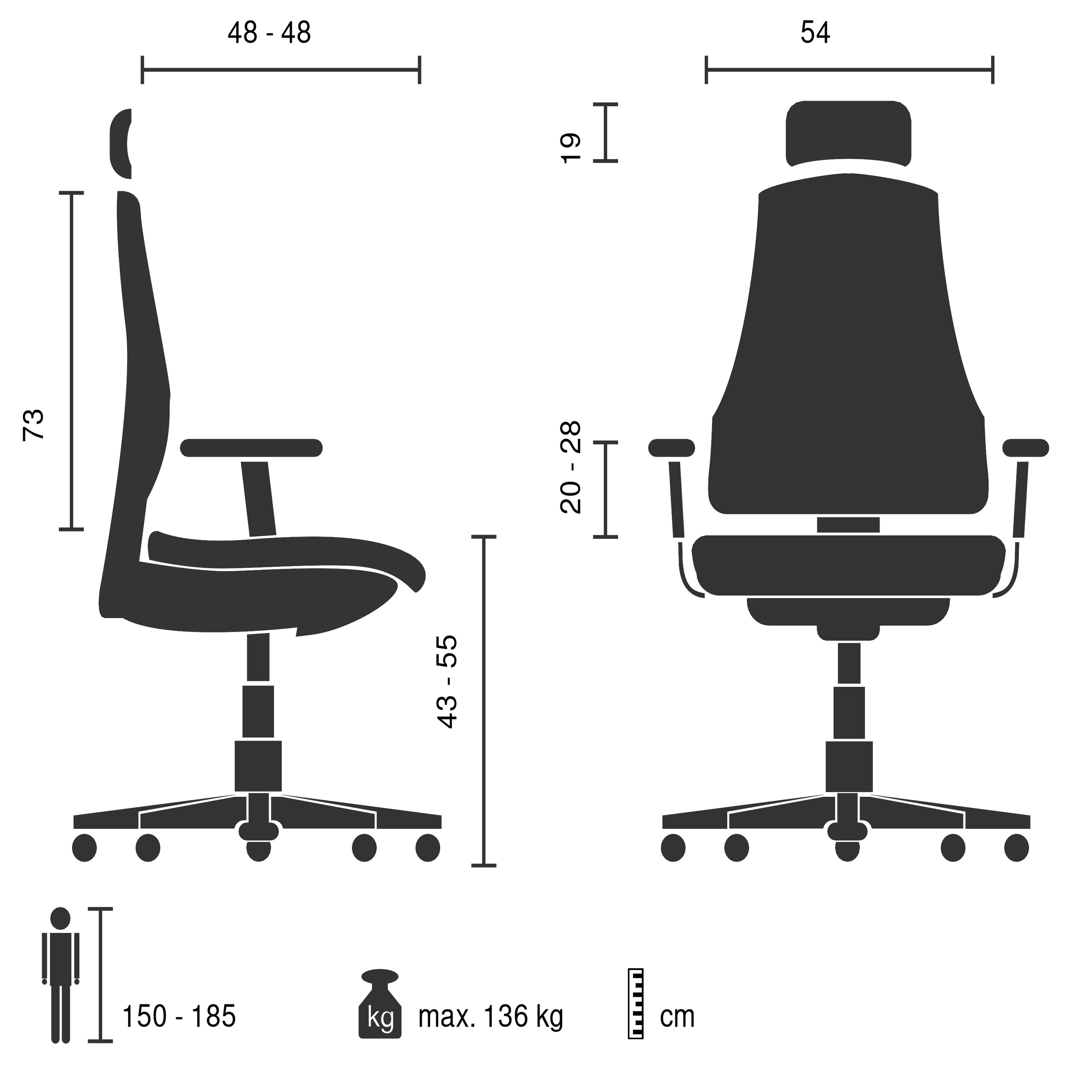 Technische Zeichnung eines Bürostuhls mit Maßen in cm, Höhenbereich und einem Höchstgewicht von 136 kg.