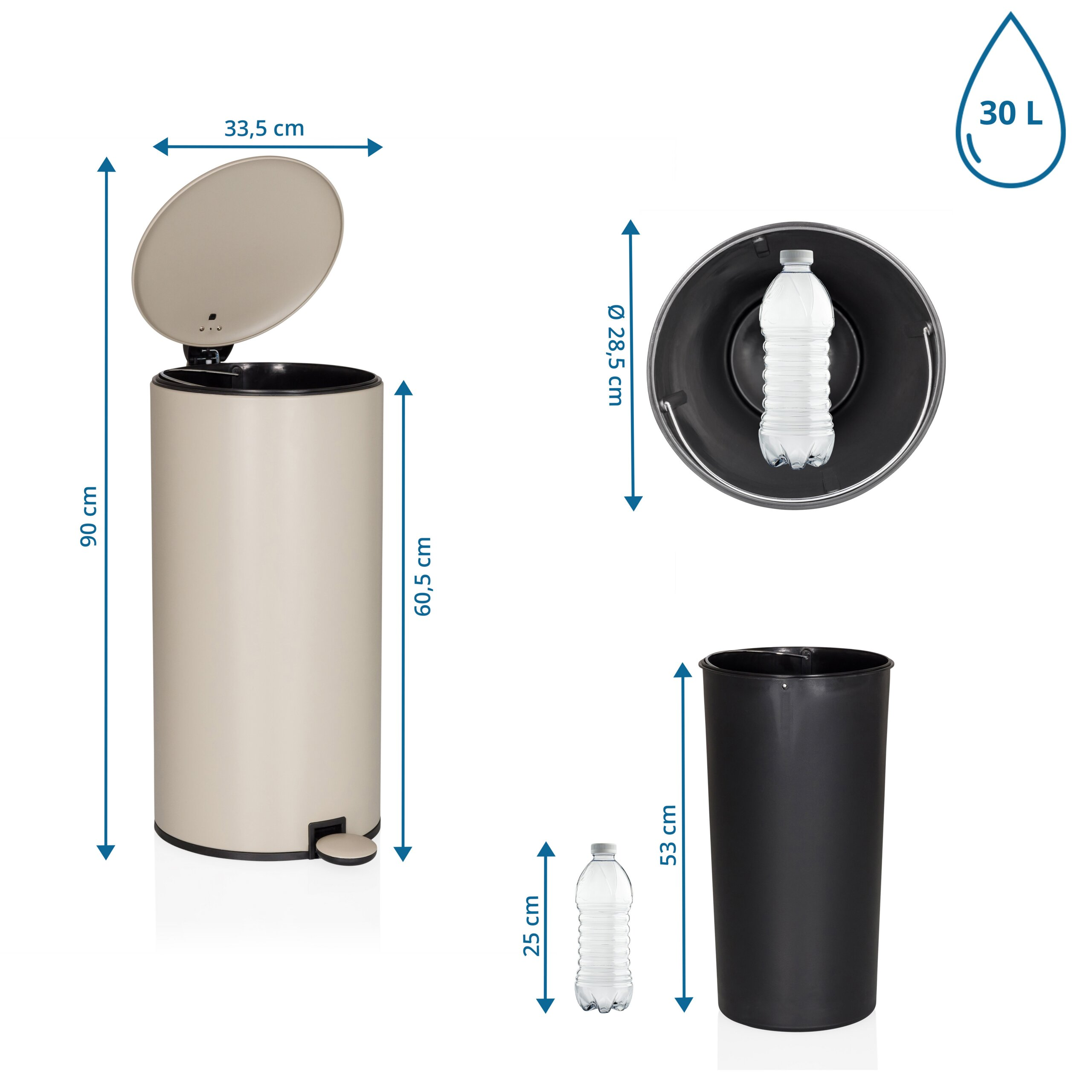 Beige 30-Liter Treteimer mit Abmessungen, Inneneimer und Flaschenvergleich.