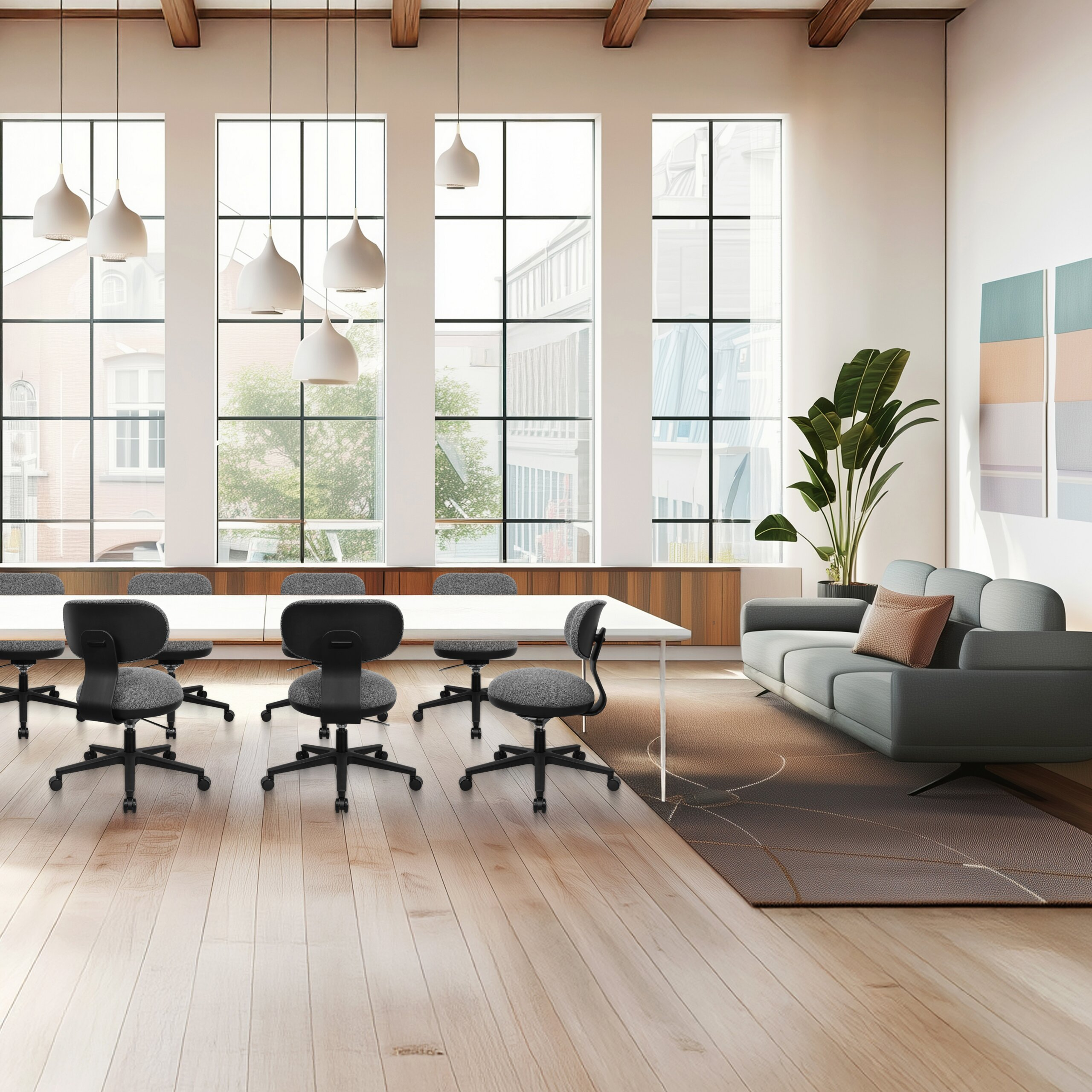 Moderne Büro-Lounge mit großem Konferenztisch, grauen Bürostühlen, einem grauen Sofa und hohen Fenstern.